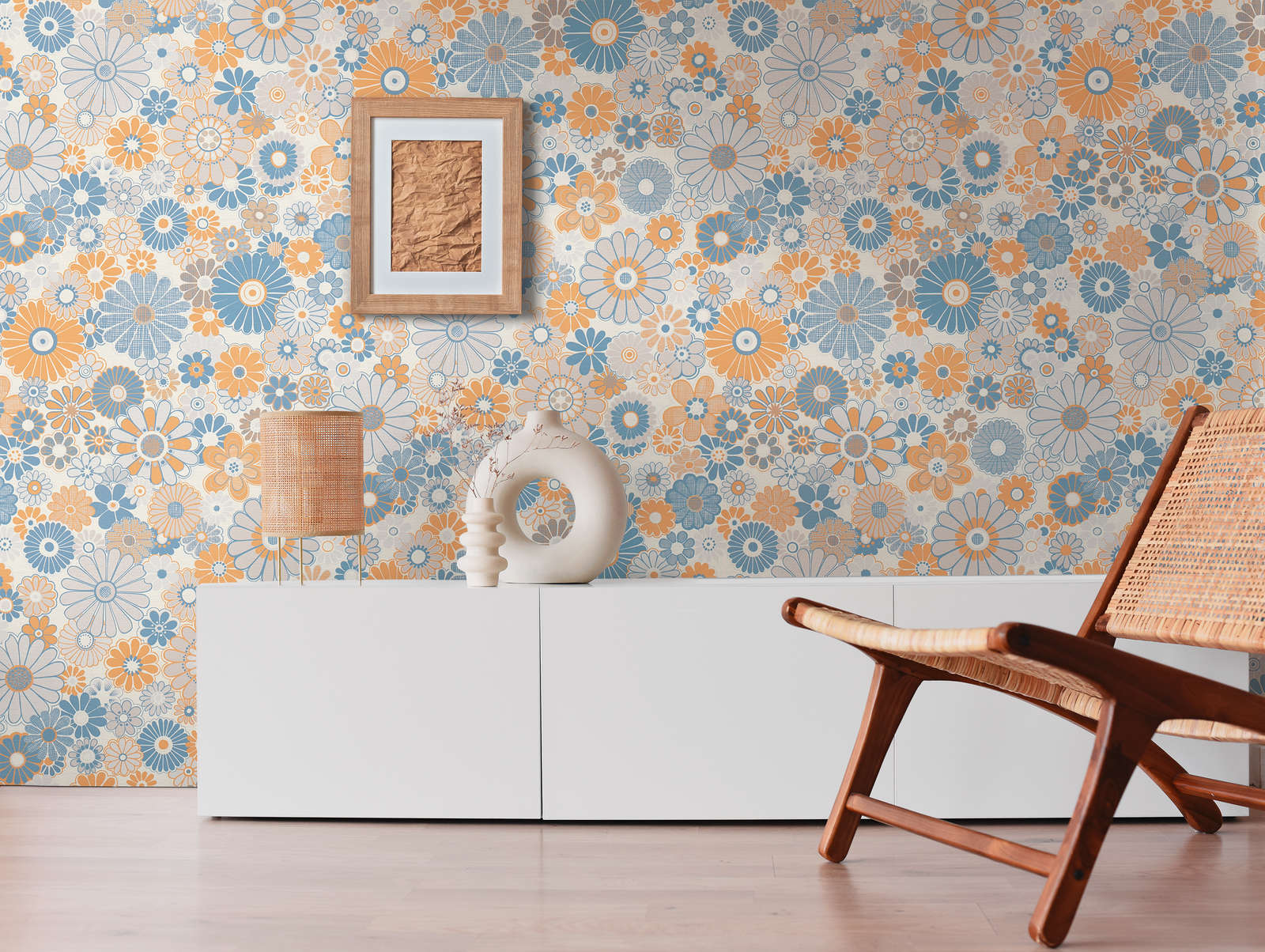             Non-woven wallpaper with floral pattern in retro style - blue, orange, grey
        