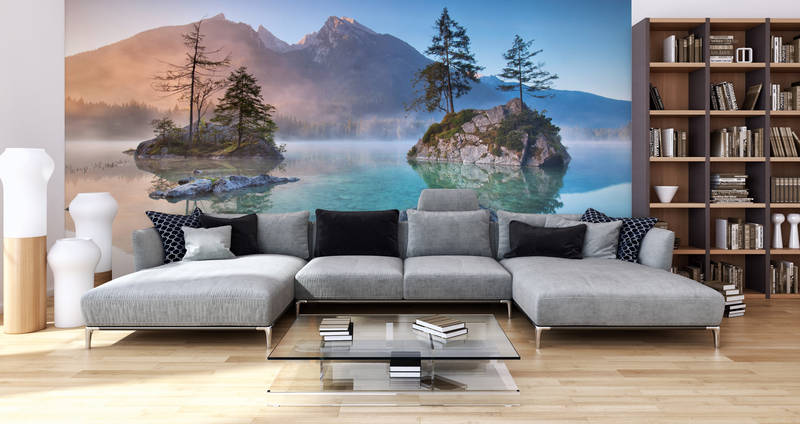             Nature mural lake with small islands and trees on matt smooth non-woven
        