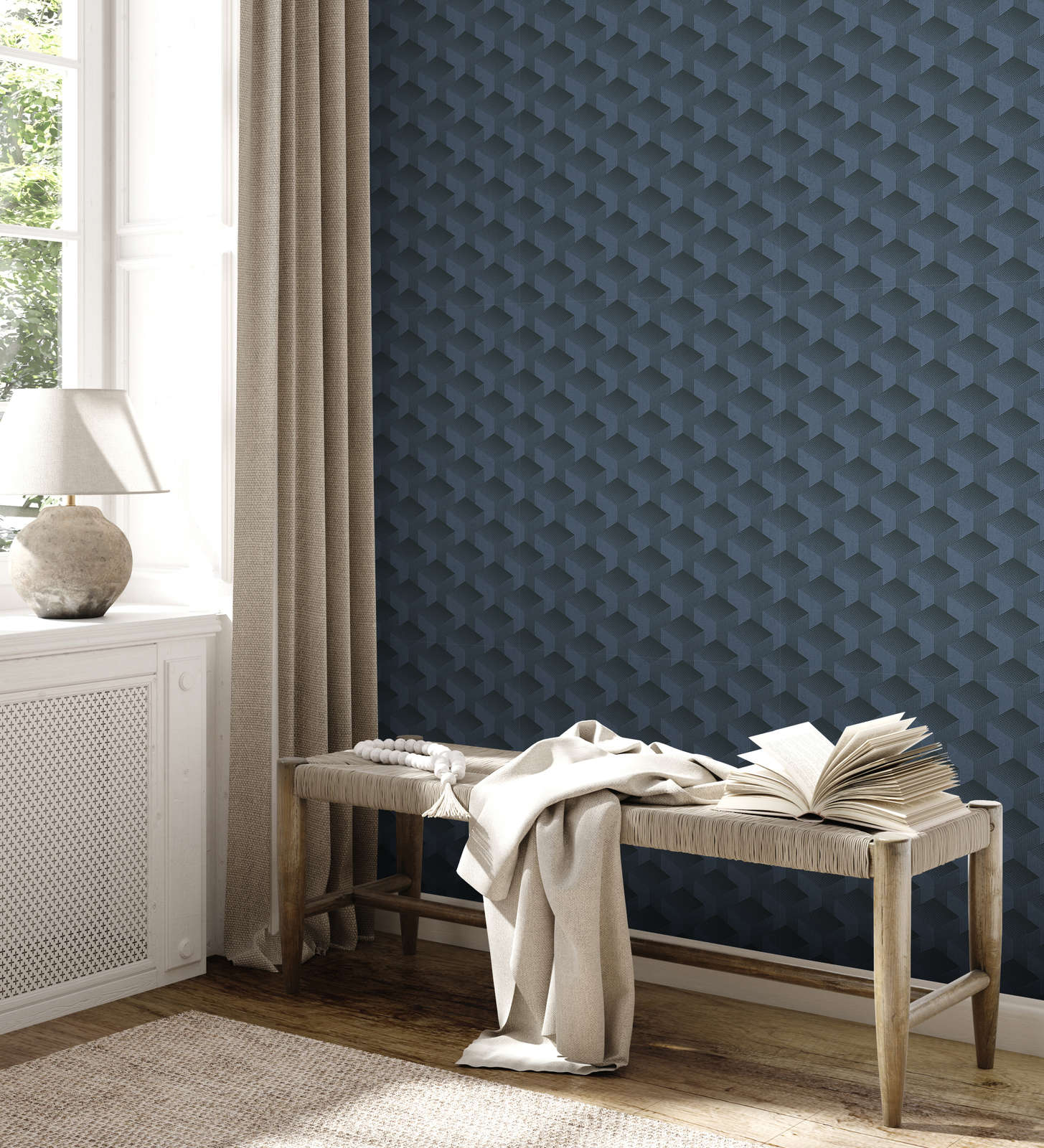             Graphic wallpaper with pattern in 3D matt - blue, black
        