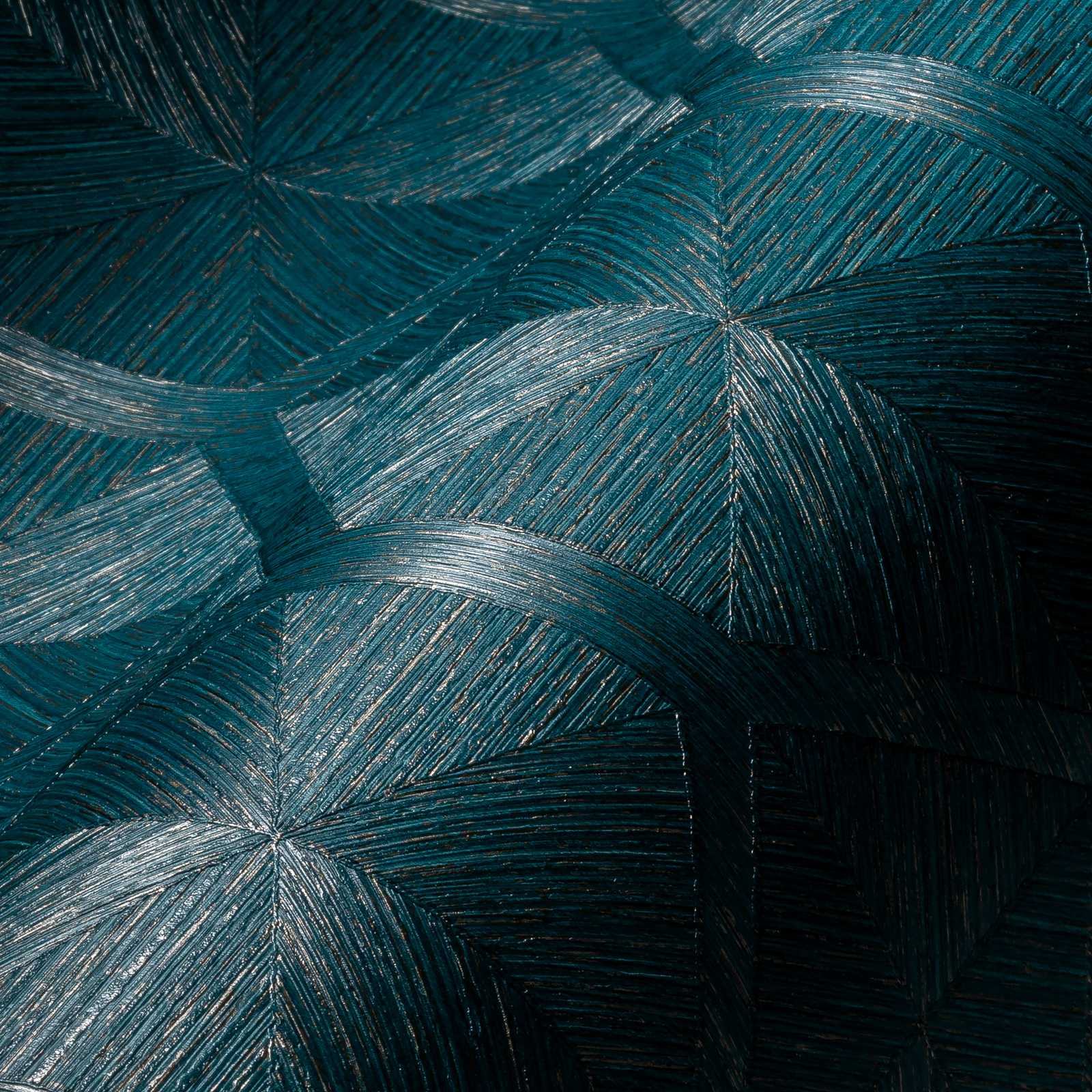             Vliesbehang petrolblauw met goudaccent en grafisch patroon - blauw, metallic
        