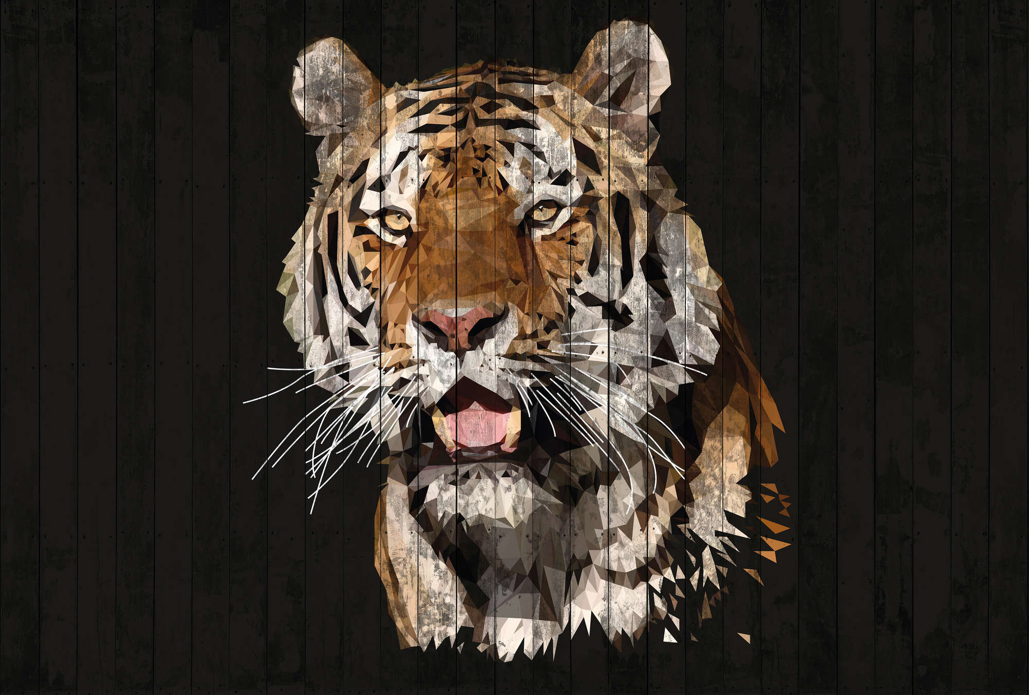             Photo wallpaper tiger with wood look & polygon style - Brown, White, Black
        