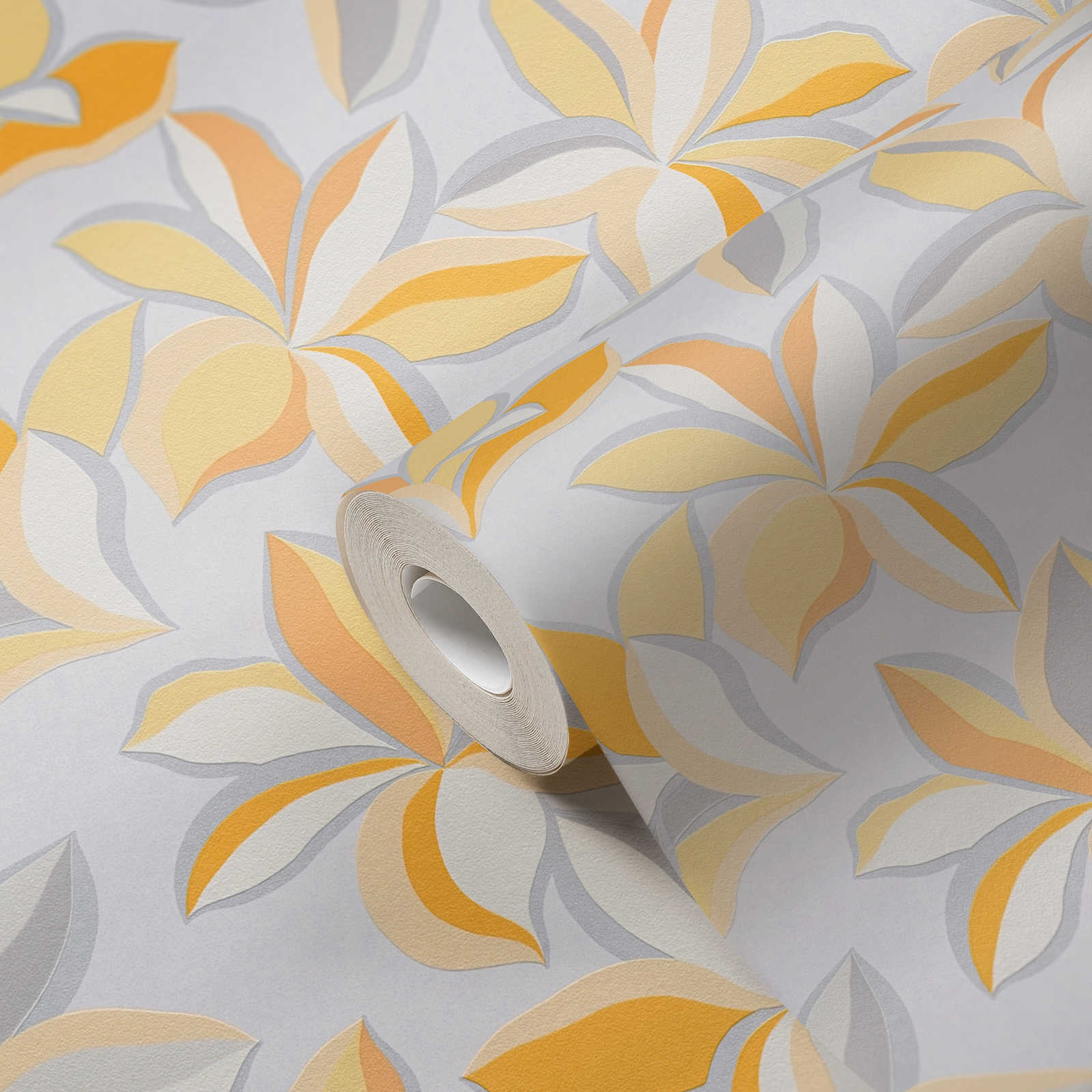             Papel pintado no tejido con motivos florales y aspecto metálico - amarillo, naranja, gris
        