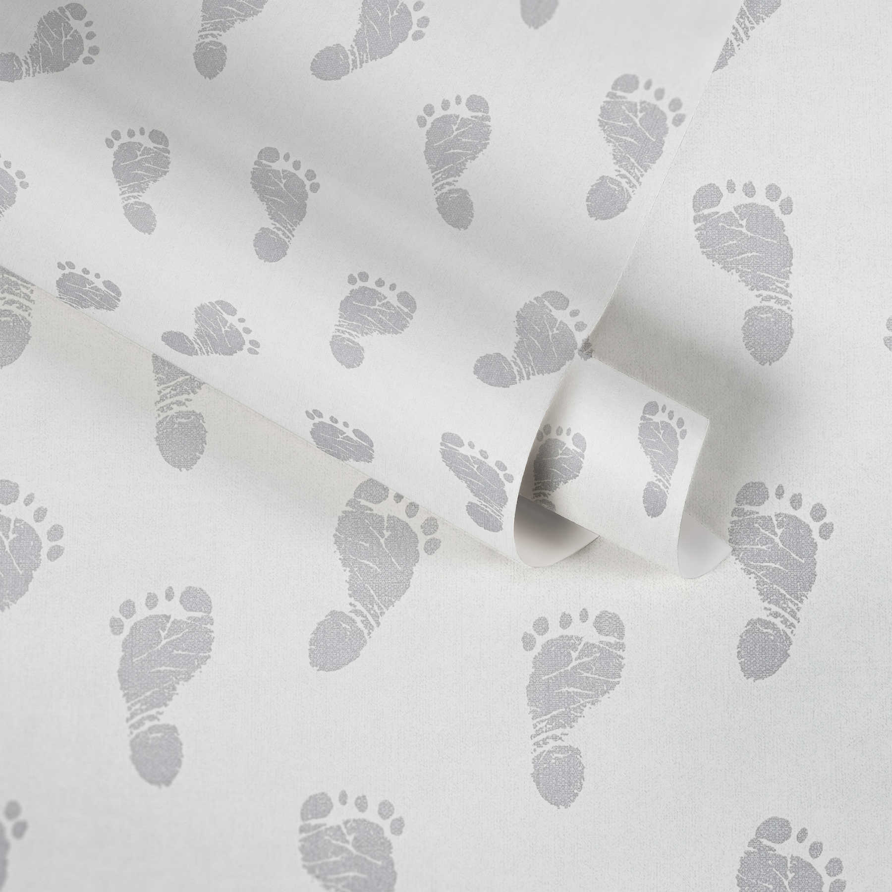             Baby behang met voetjes patroon - metallic, wit
        