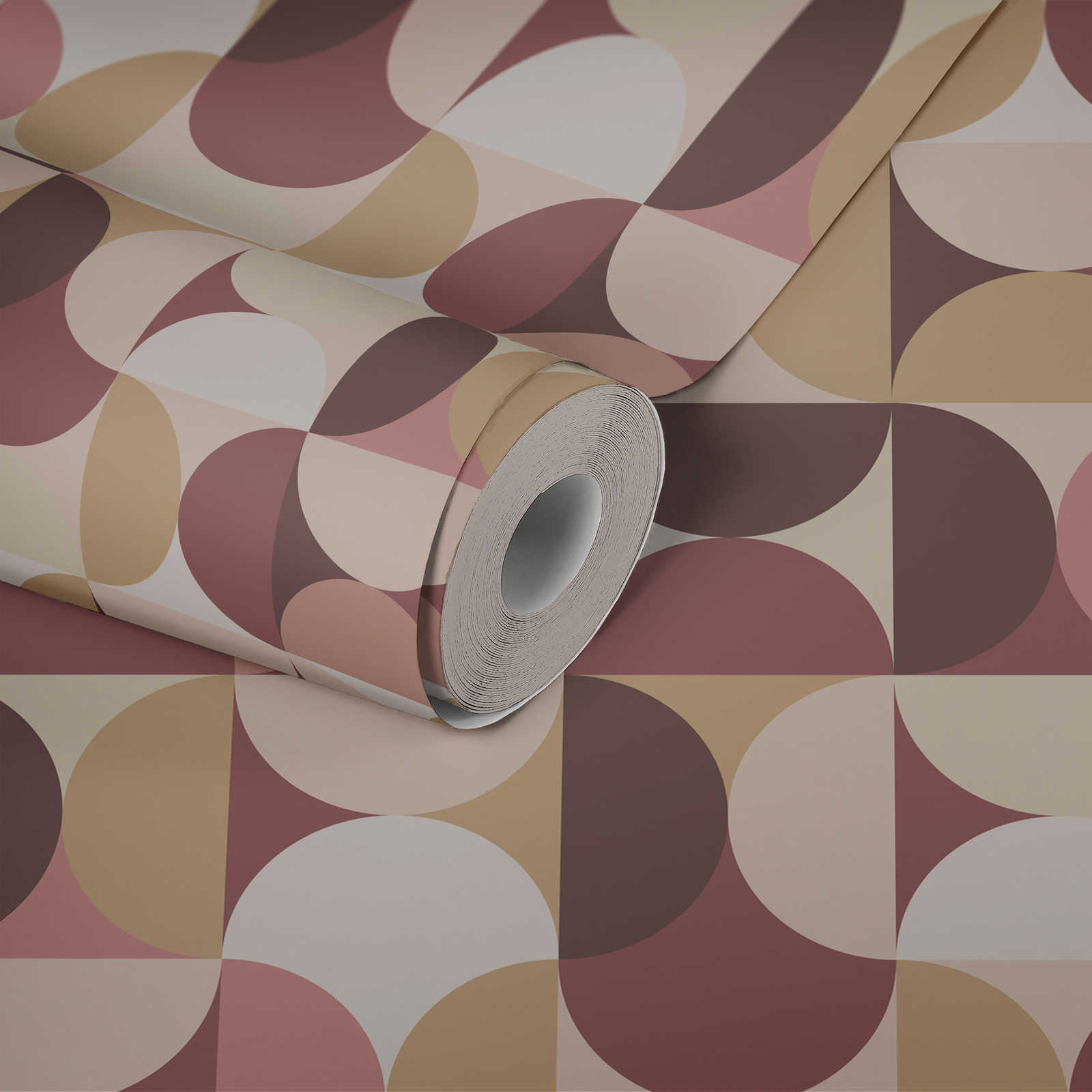             papier peint en papier graphique semi-circulaire style rétro des années 70 - beige, rose
        