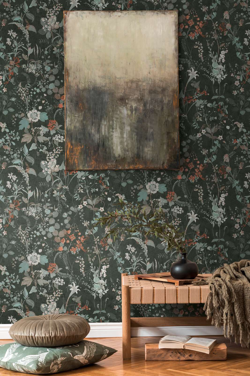             Black floral wallpaper with flowers pattern in grey and green
        