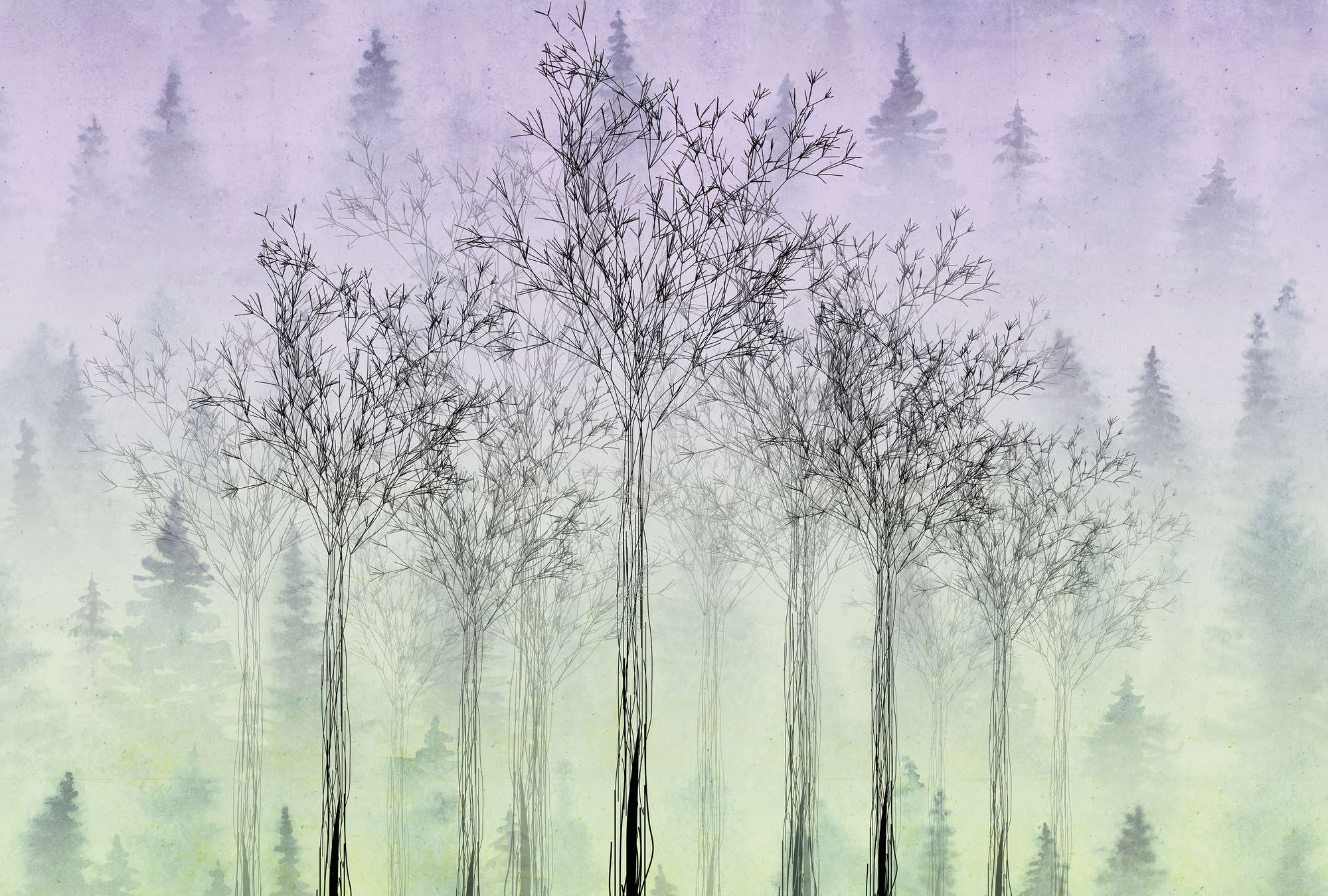             Papier peint panoramique boho style bande dessinée avec motif d'arbre & aspect béton - vert, violet, noir
        