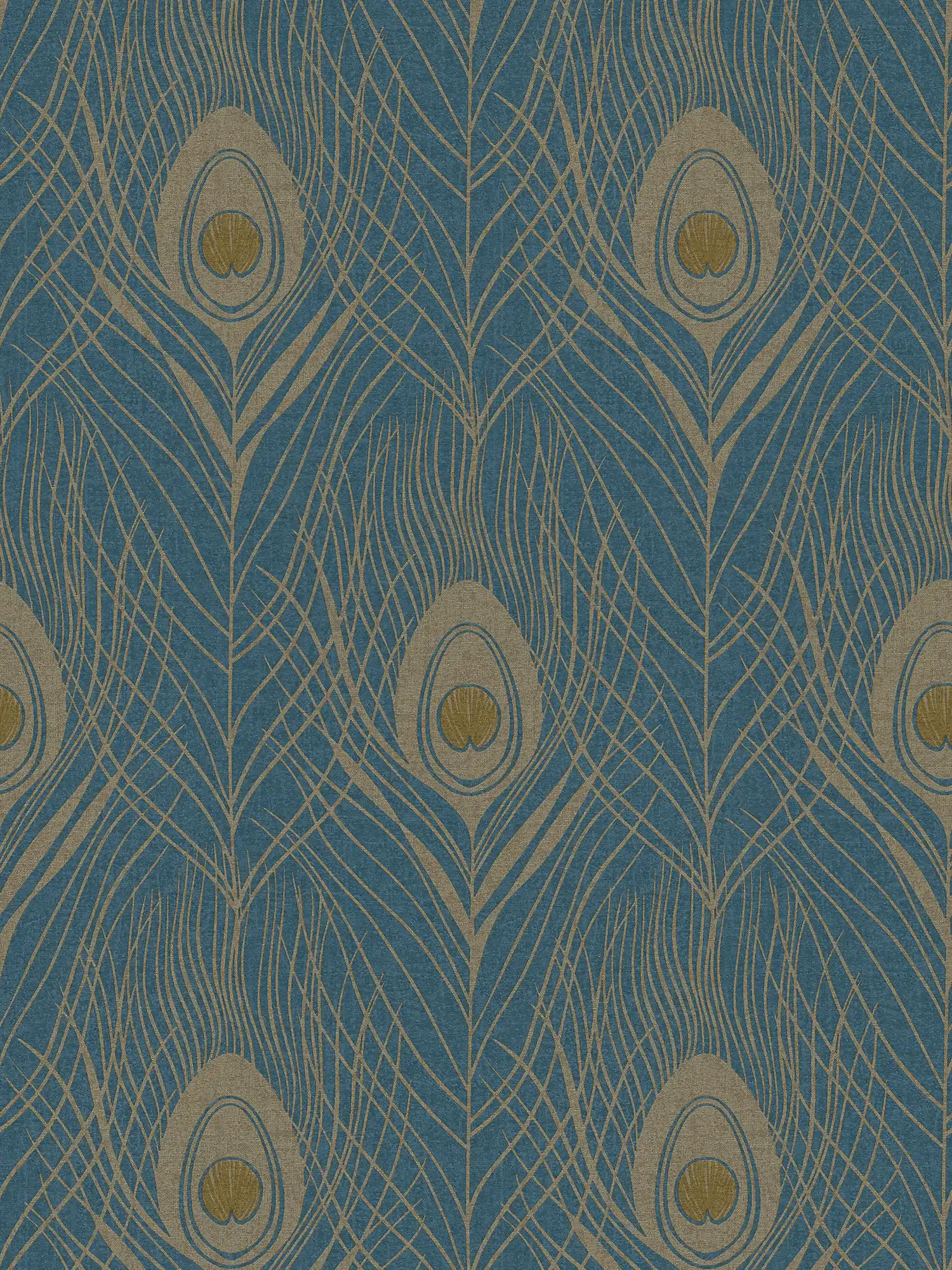         Non-woven wallpaper with peacock feathers, metallic look - blue, gold, yellow
    