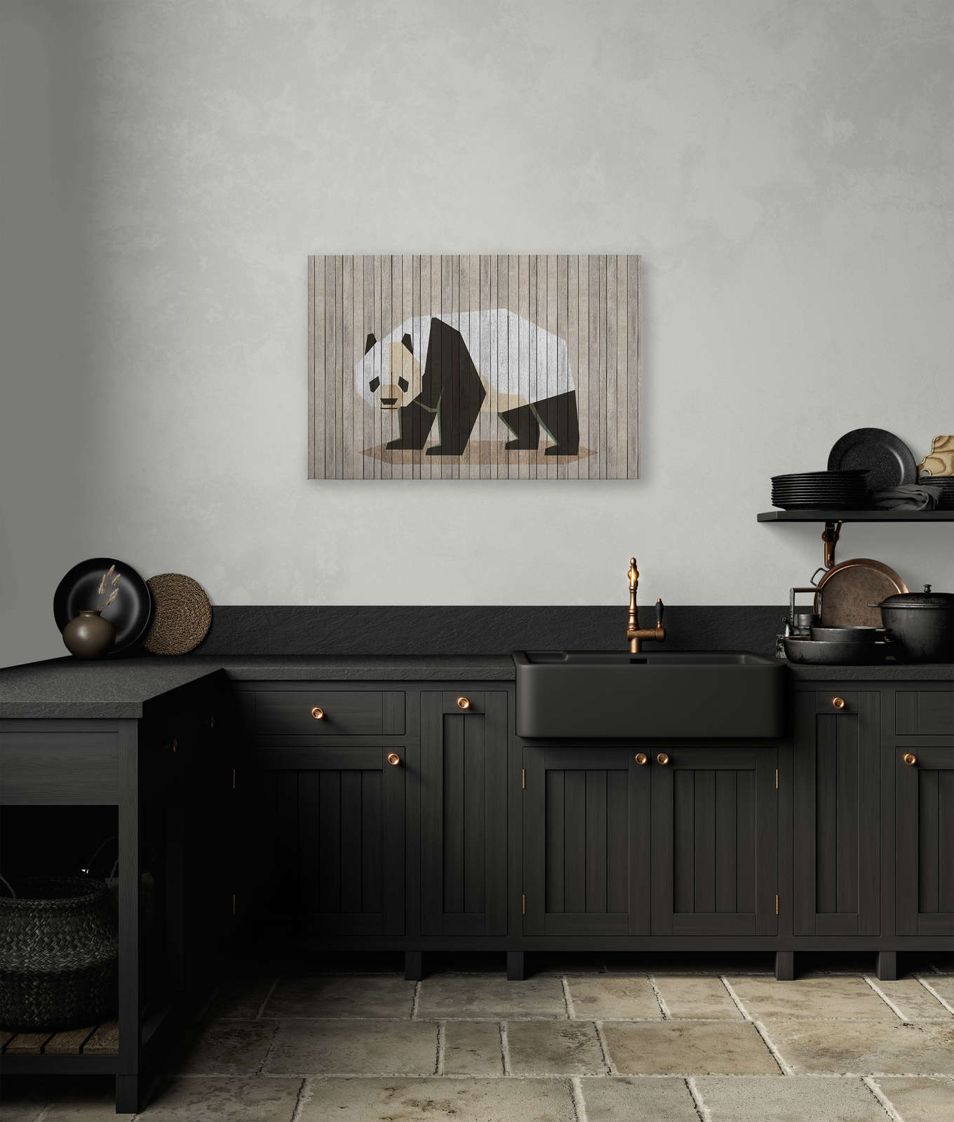             Born to Be Wild 2 - Canvas painting on wood panel structure with panda & board wall - 0.90 m x 0.60 m
        