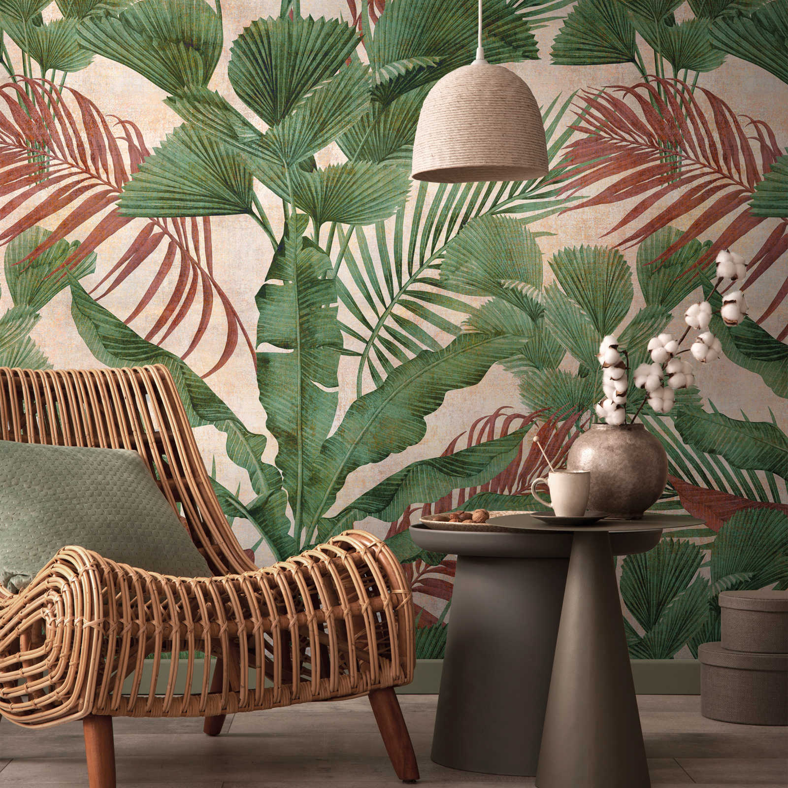 Jungle wallpaper with tropical plants - green, beige, red
