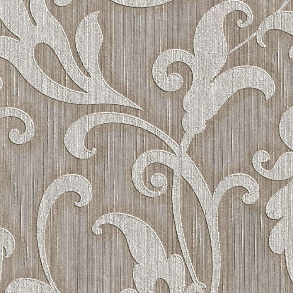             Hoogwaardig ornamentbehang met textielstructuur & reliëfpatroon - grijs, bruin
        