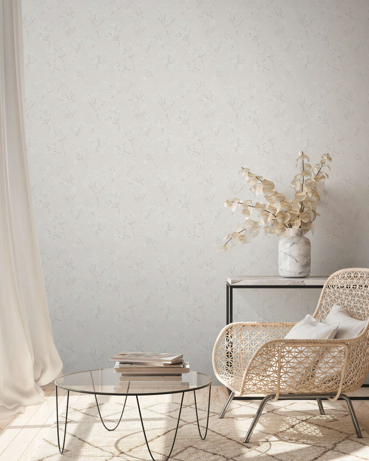             Non-woven wallpaper with abstract floral pattern - grey, white
        