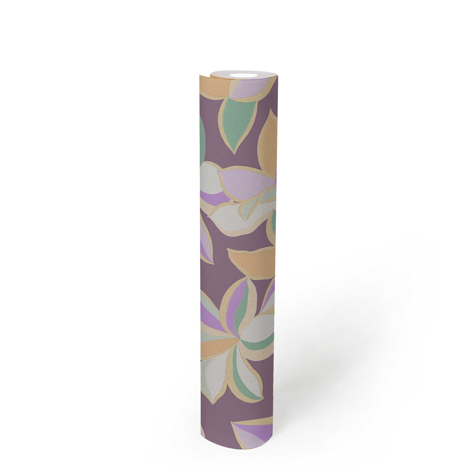             Papier peint fleuri avec motif brillant - violet, or, vert
        