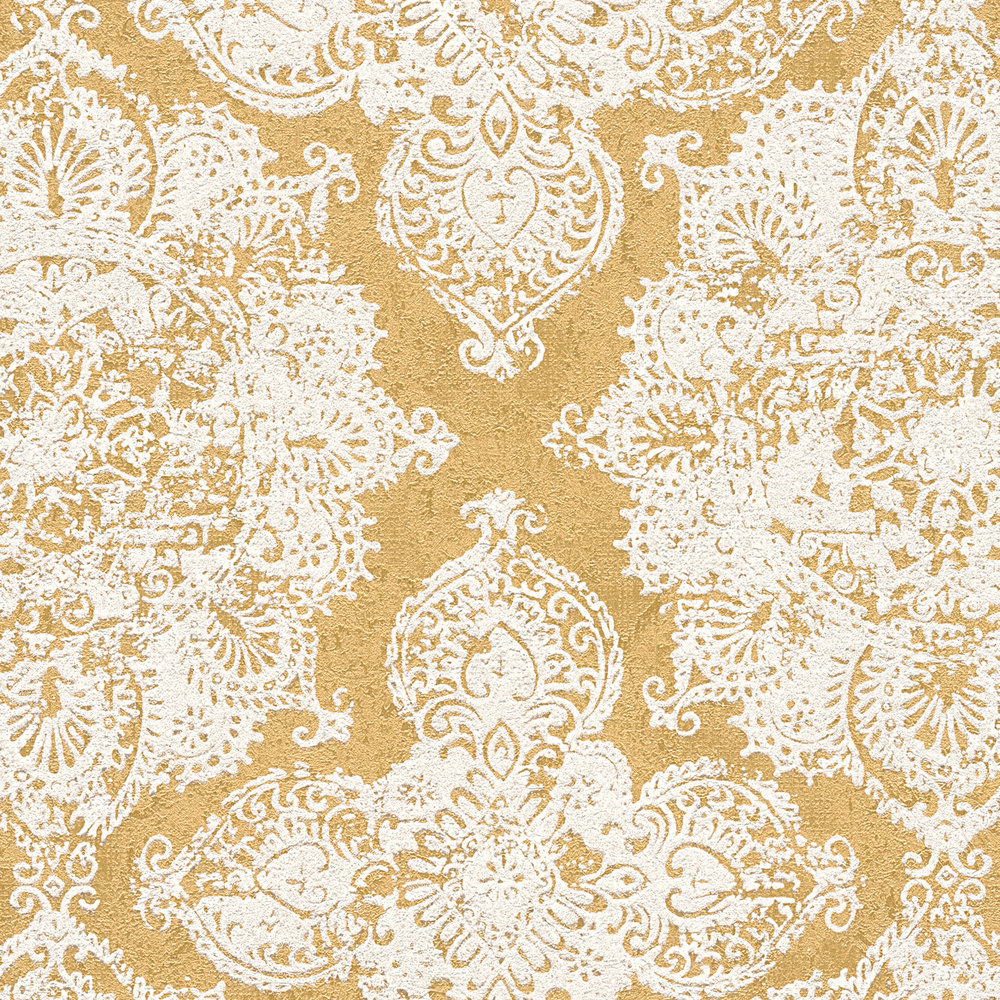             Wallpaper boho style, floral ornament in used look - white, gold
        