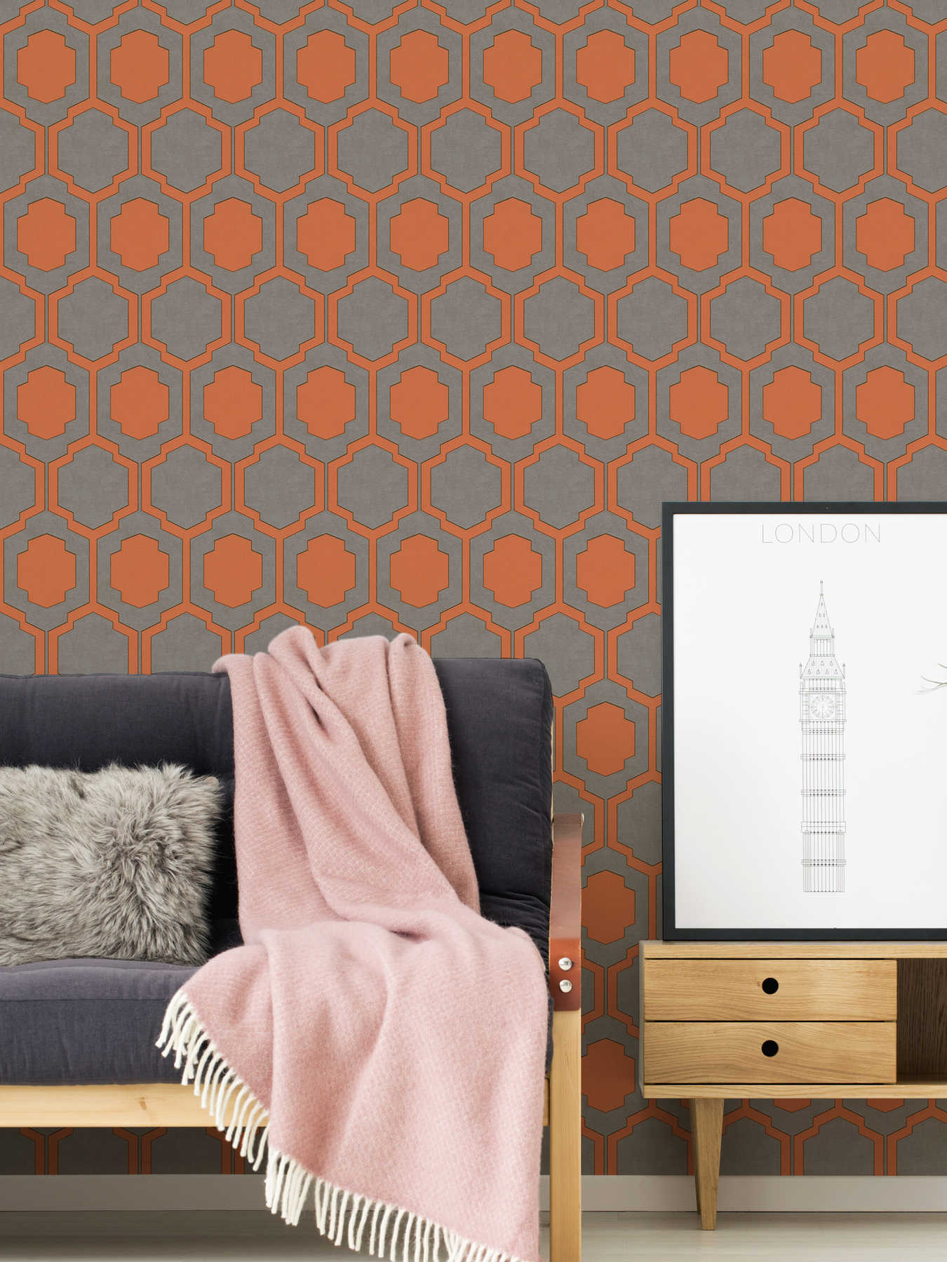             Pattern wallpaper retro look - orange, grey, beige
        