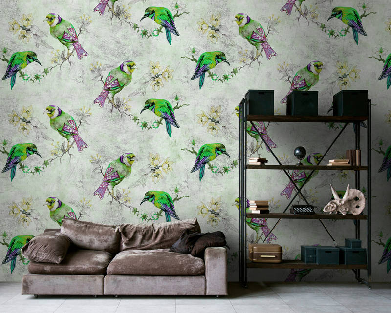             Pájaros del amor 2 - Papel pintado fotográfico colorido en estructura rayada con pájaros esbozados - Gris, Verde | Perla vellón liso
        
