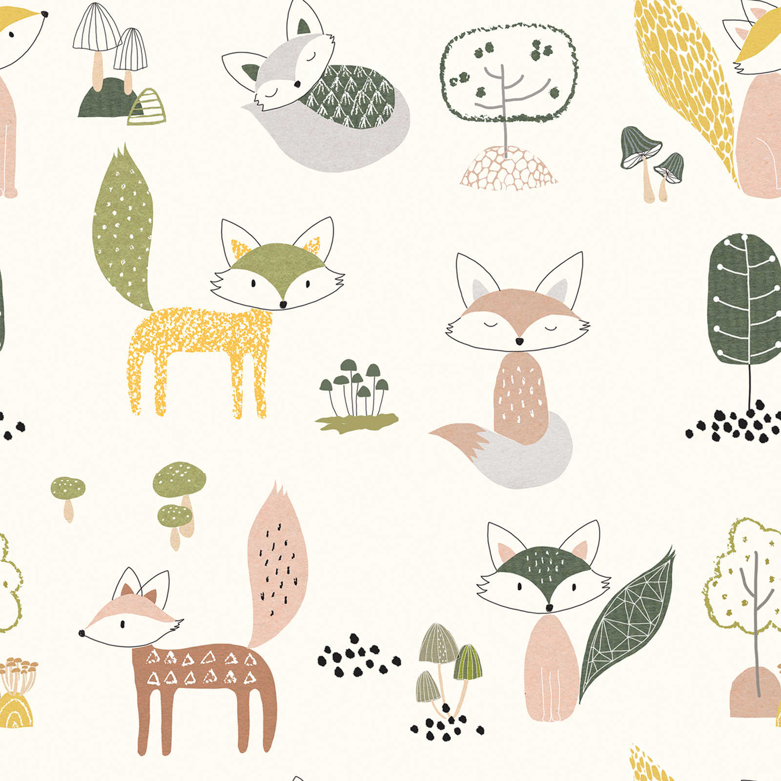 wallpaper child motif with foxes and mushrooms - coloured, cream, green
