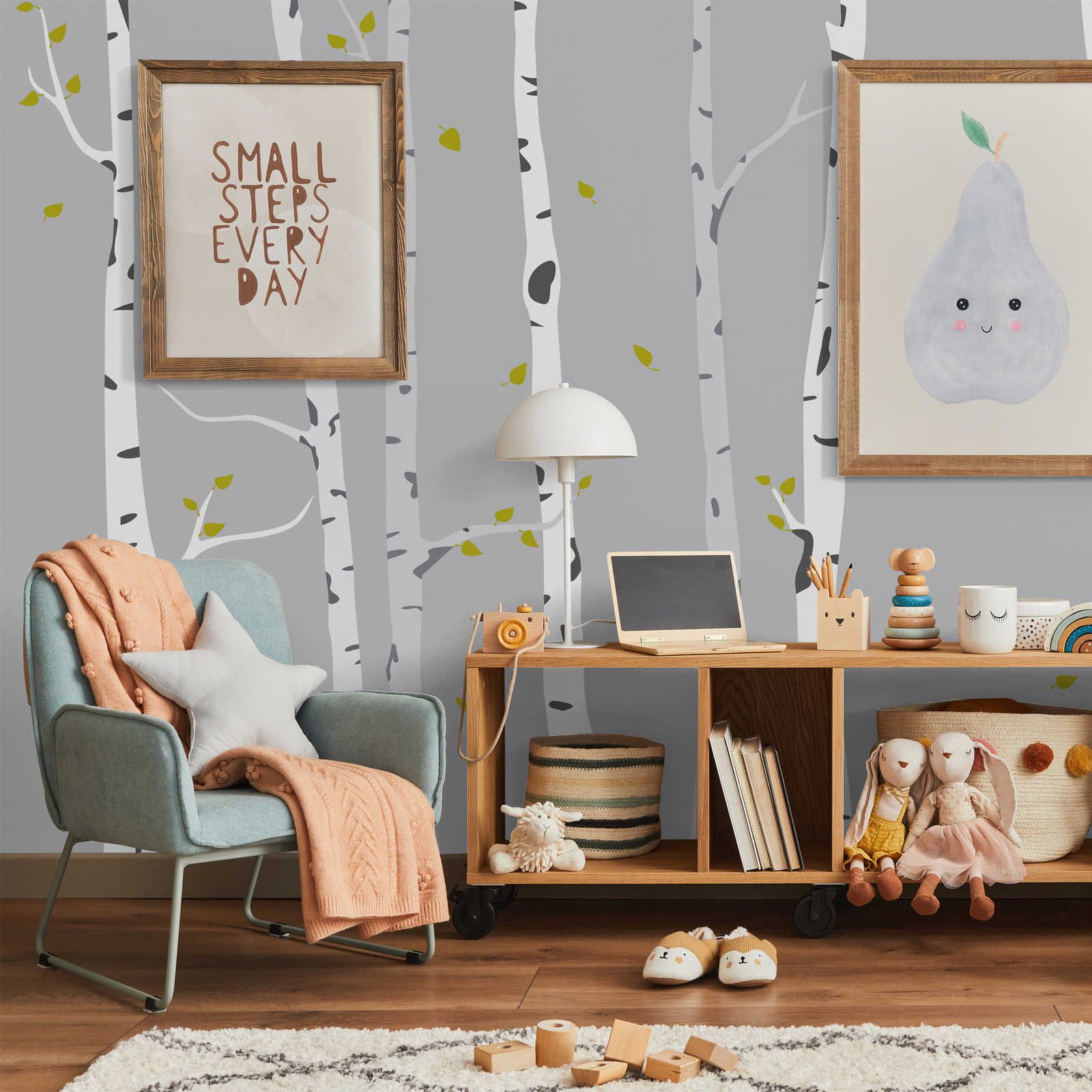 Digital behang met geschilderd berkenbos voor kinderkamer - Glad & parelmoervlies
