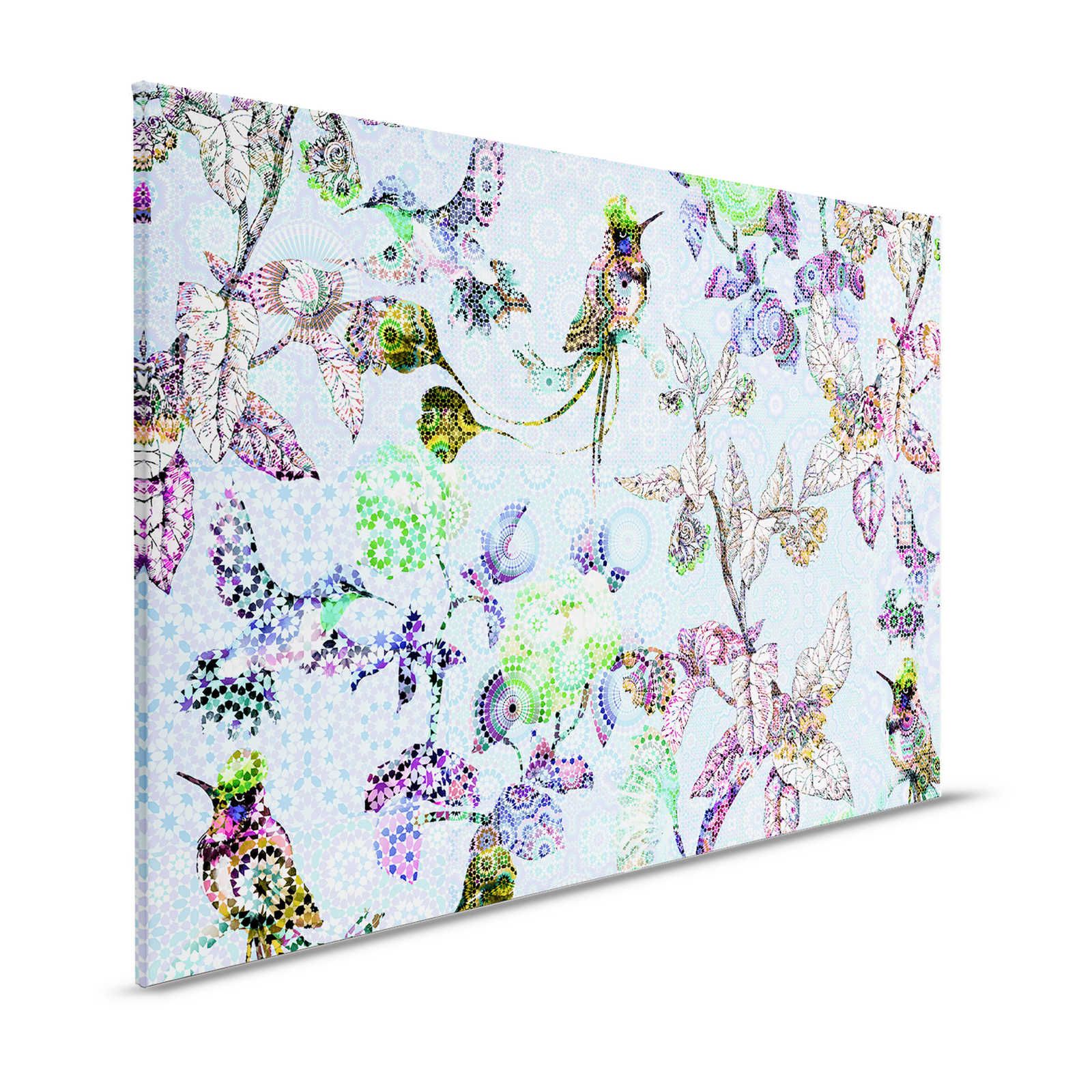Tableau toile Fleurs & oiseaux style mosaïque - 1,20 m x 0,80 m
