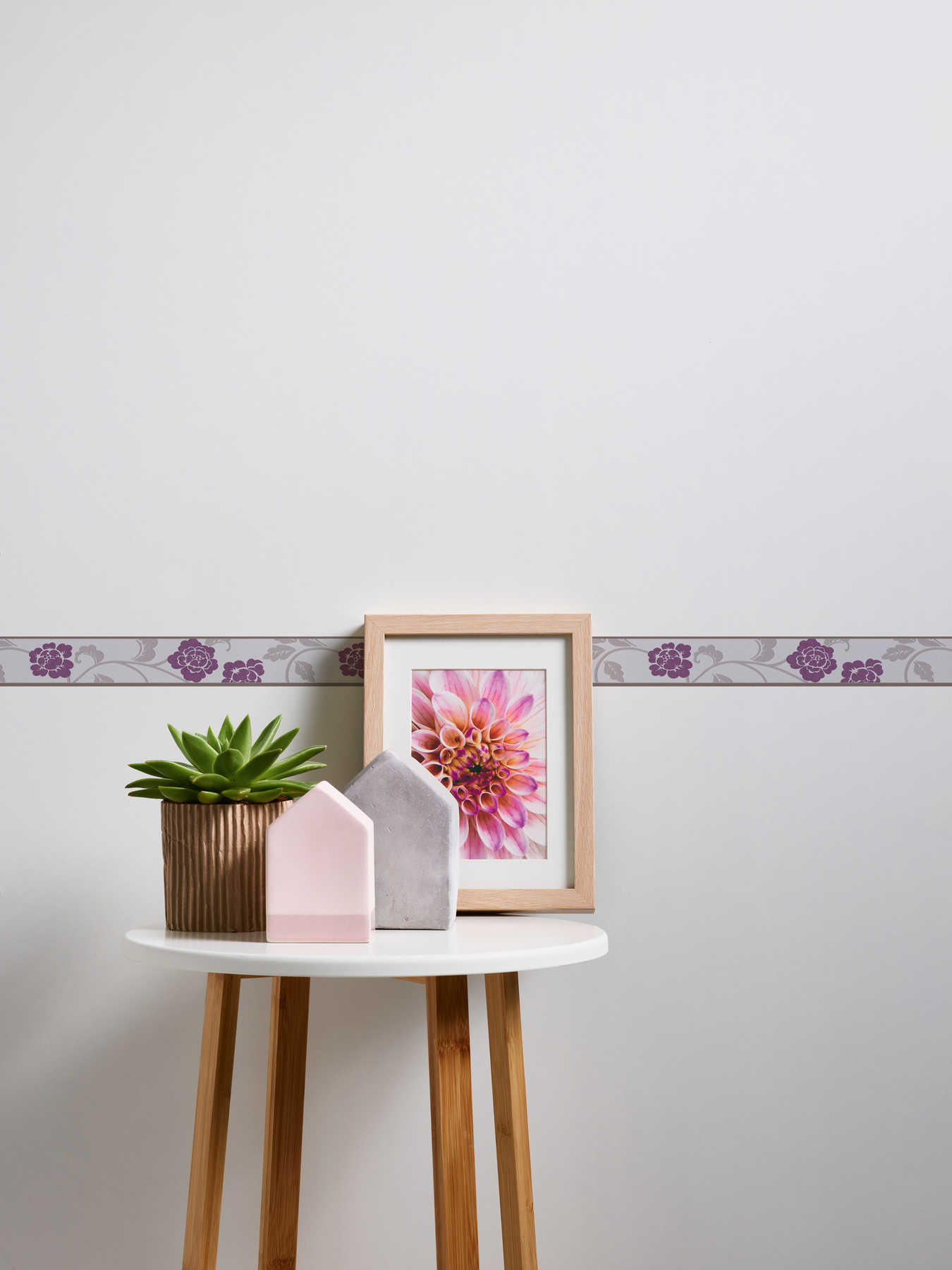             Border with flowers and leaves tendrils with texture pattern - purple, grey
        