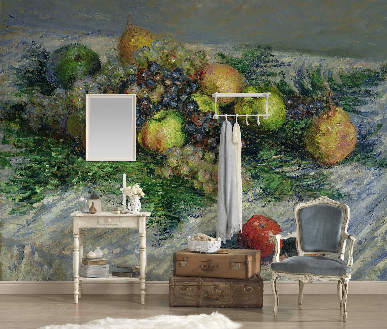             Stilleven met peren en druiven" muurschildering van Claude Monet
        