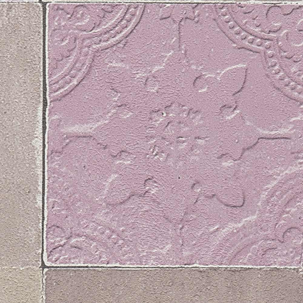             Papier peint oriental en carreaux - gris, violet, beige
        