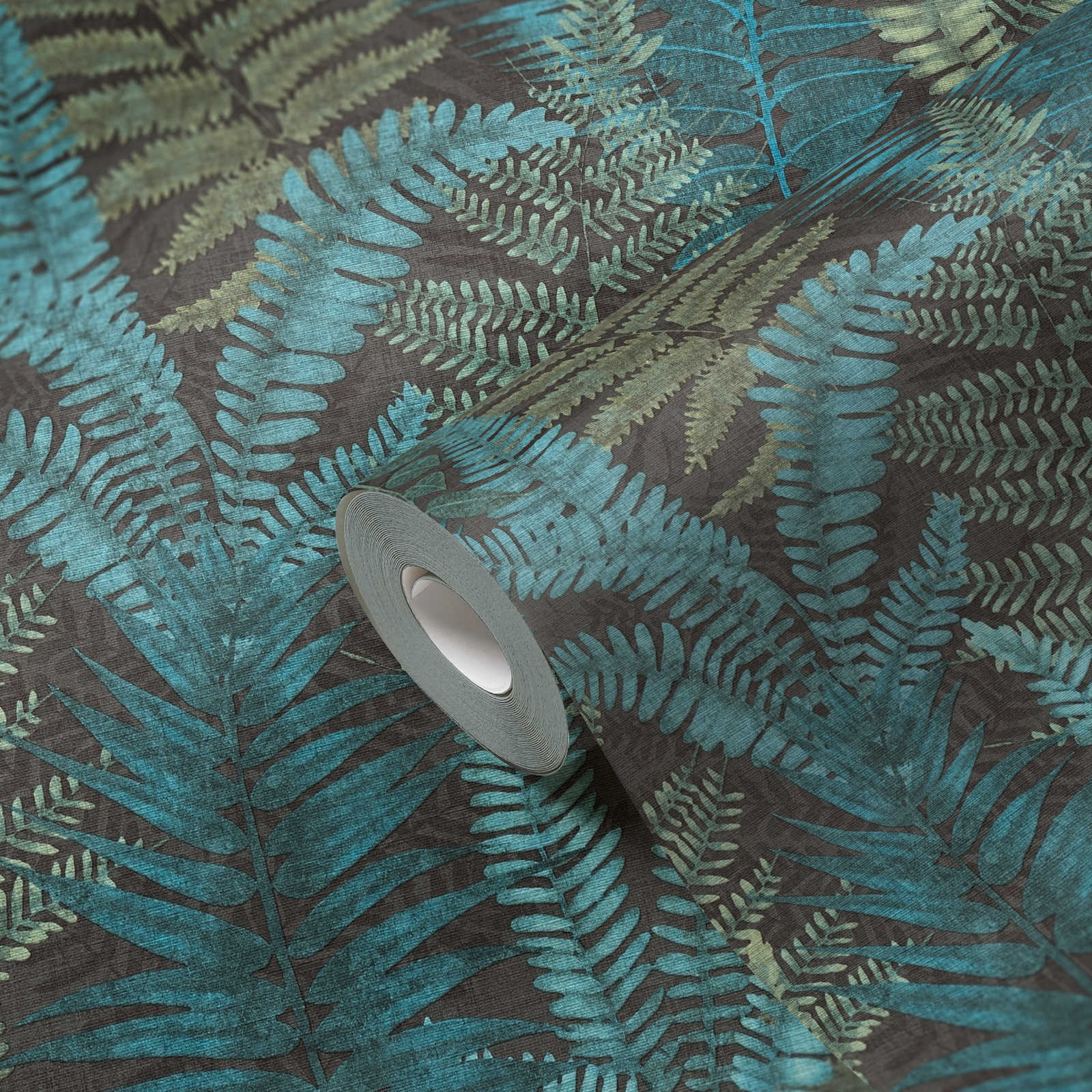             Non-woven wallpaper floral with fern leaves light textured, matt - black, blue, green
        