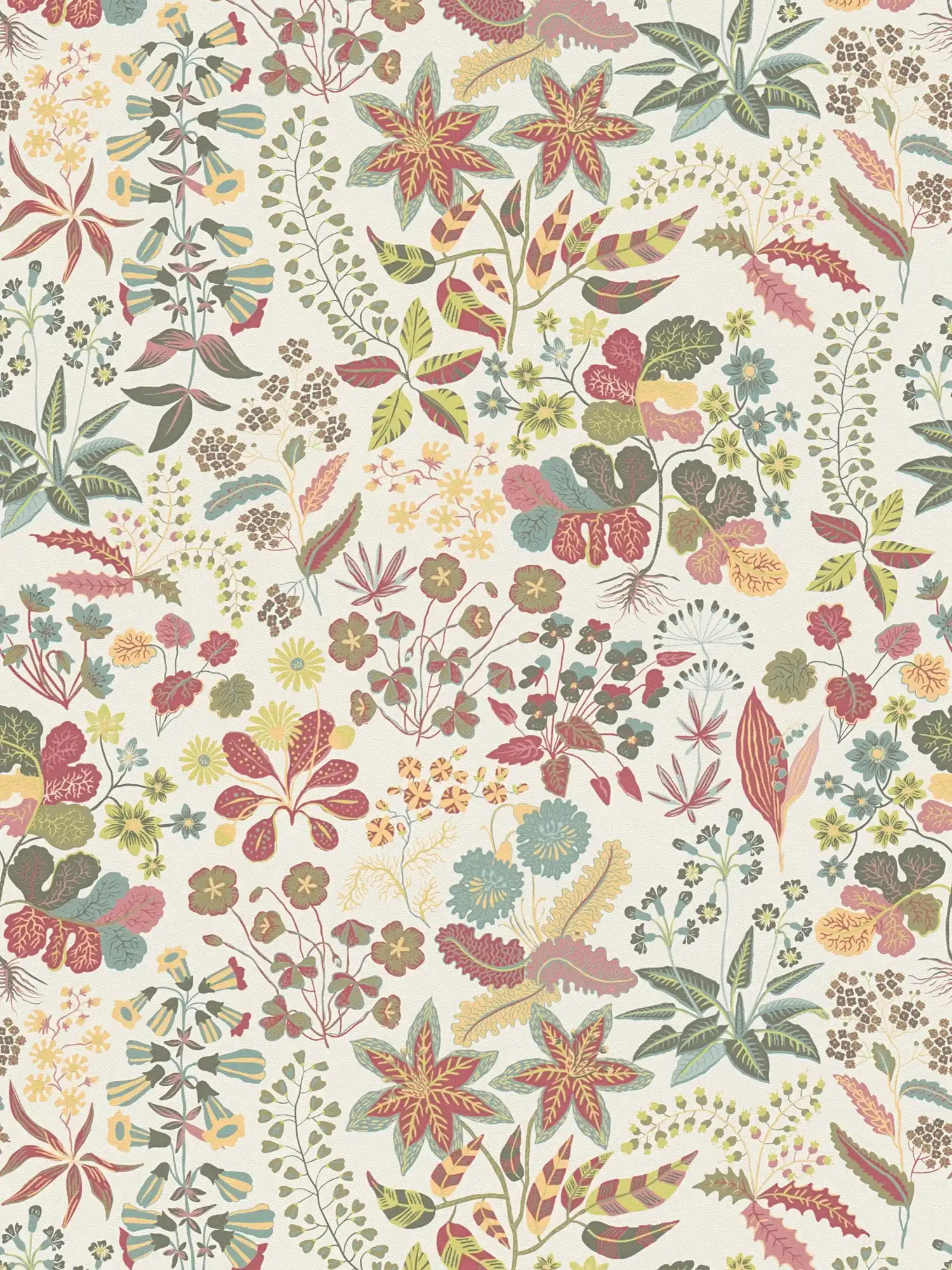 Floral wallpaper with detailed pattern - red, green, cream

