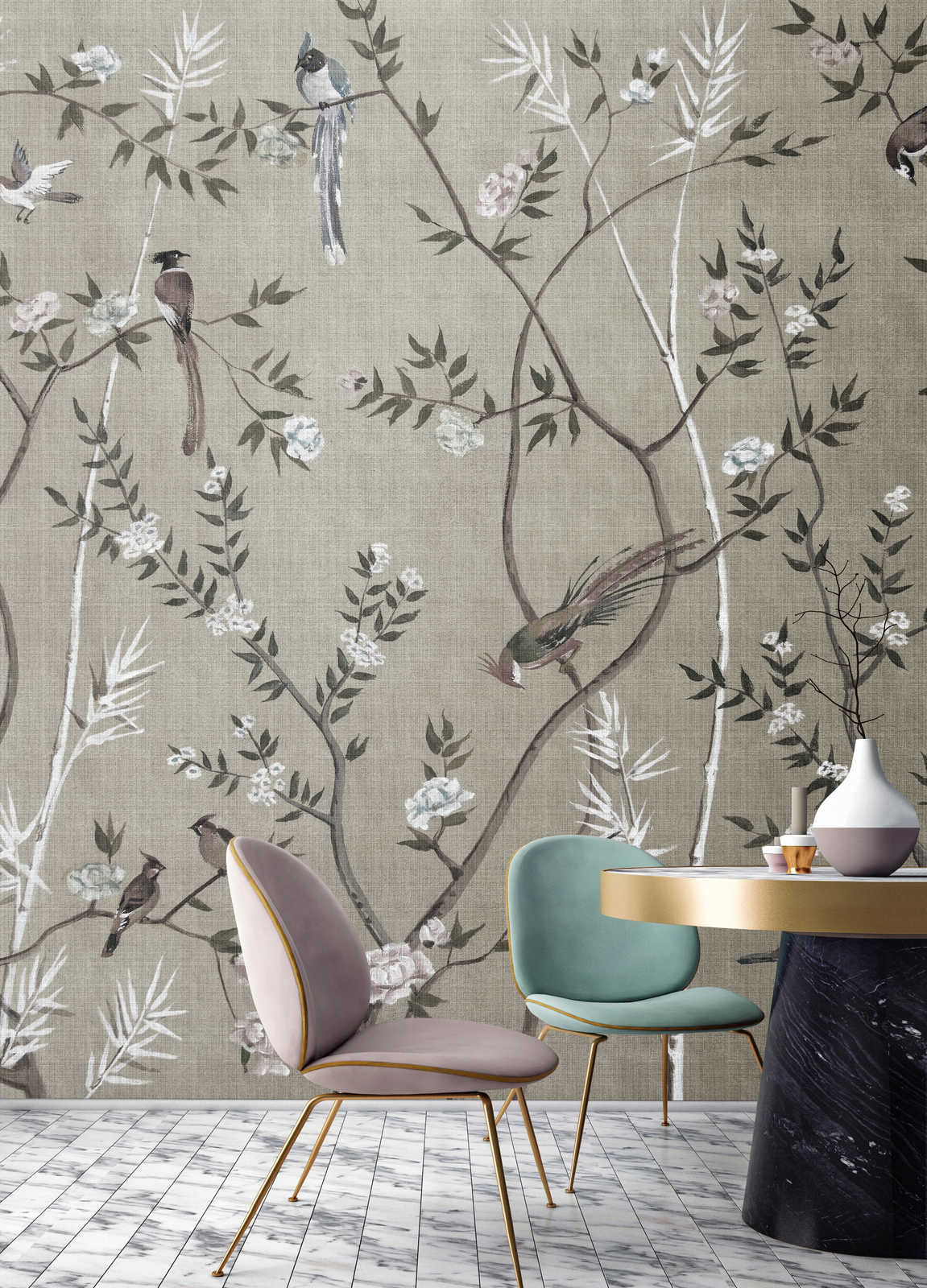             Tea Room 2 - Papel pintado Diseño de pájaros y flores en color gris
        