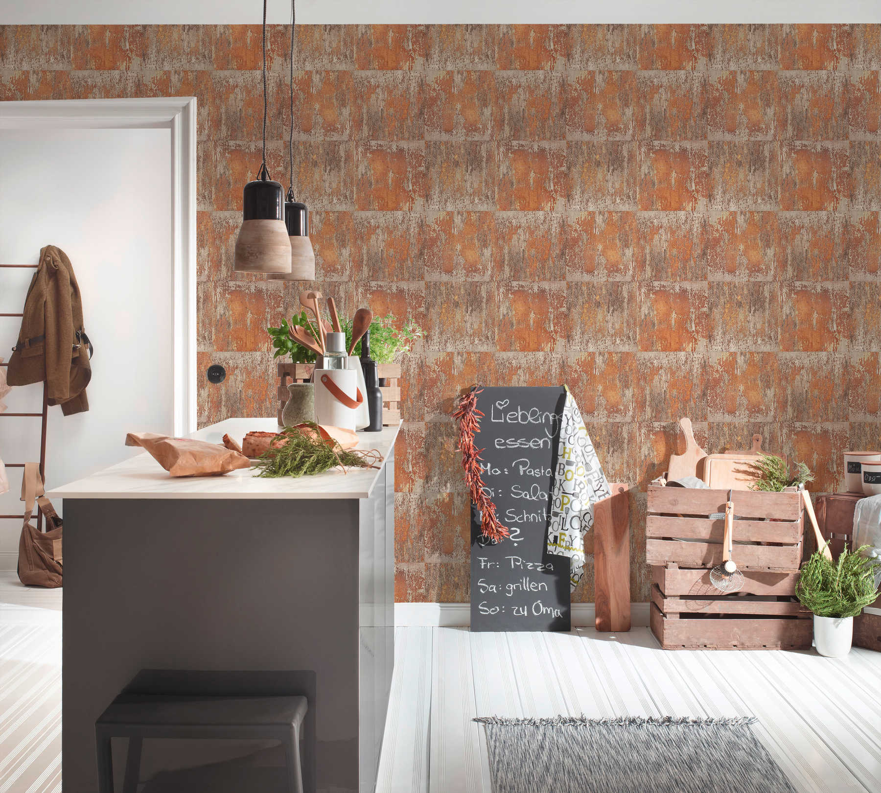             Non-woven wallpaper patina design with rust and copper effects - orange, brown, copper
        