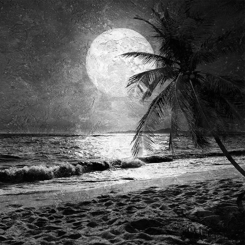 Sea & beach mural with palm trees & moon - white, grey, black
