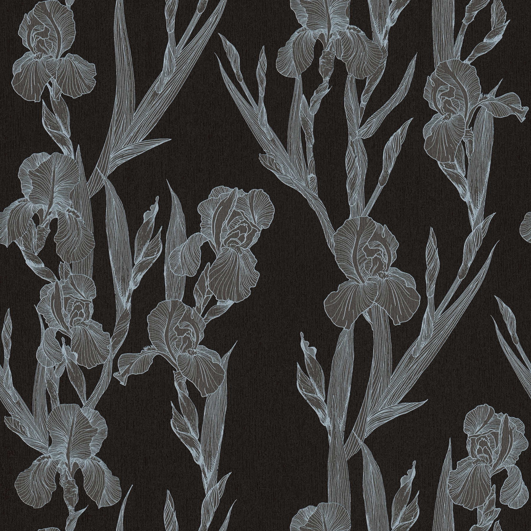 Papier peint fleuri moderne stylisé, rinceaux de fleurs - noir, gris, blanc
