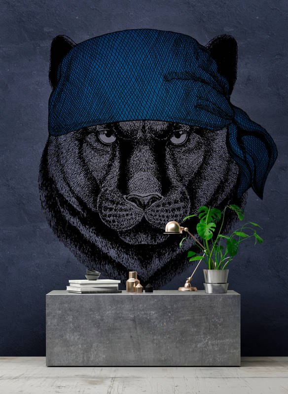             Photo wallpaper panther in pirate look - blue, black
        