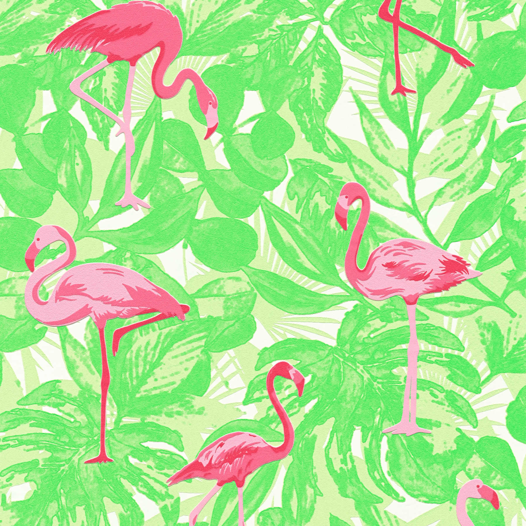         Tropical wallpaper with flamingo & leaves - pink, green
    