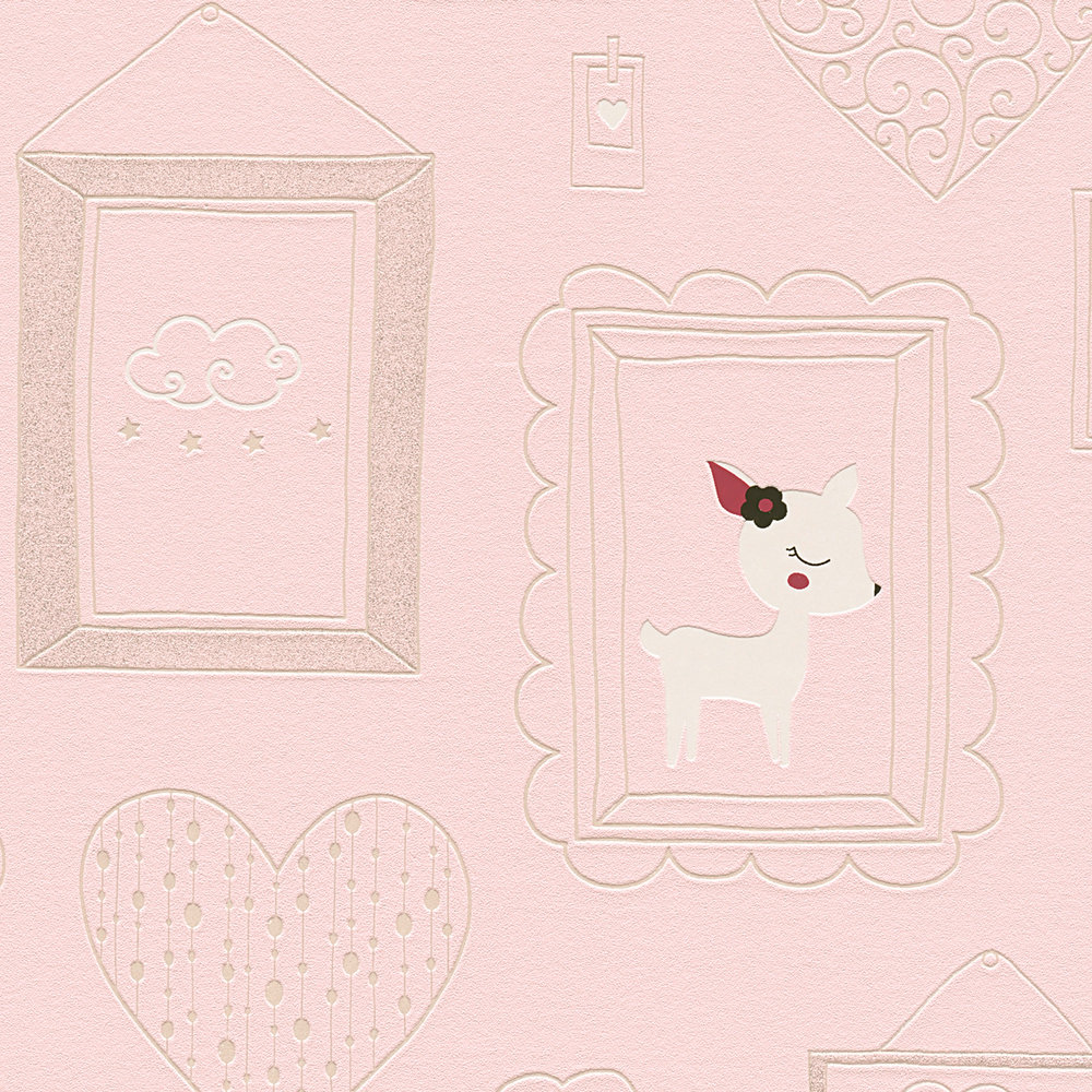             Papier peint chambre fille motifs animaux avec paillettes - rose, blanc
        