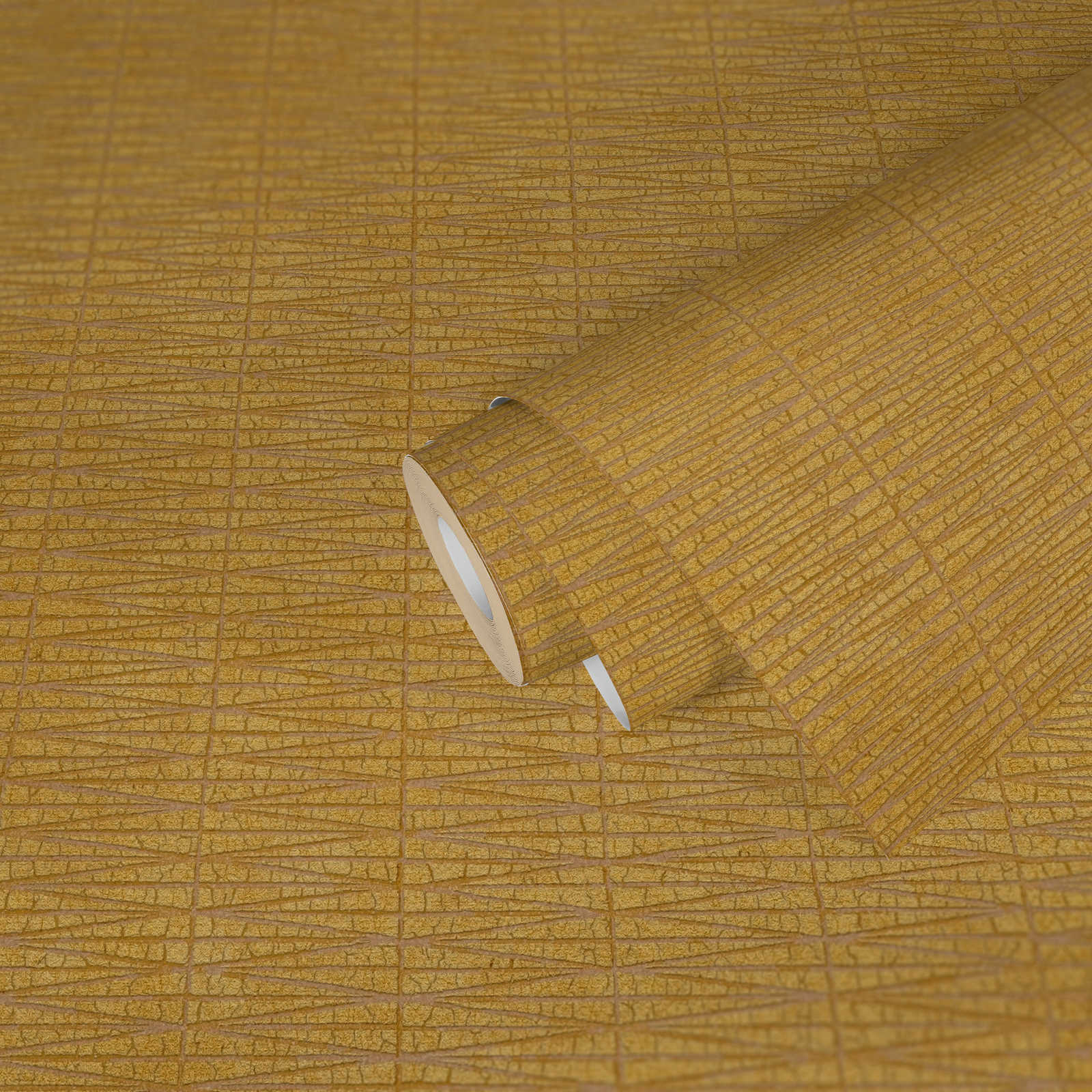             Mosterdgeel behang met natuurlijk structuurpatroon - Geel, Metallic
        
