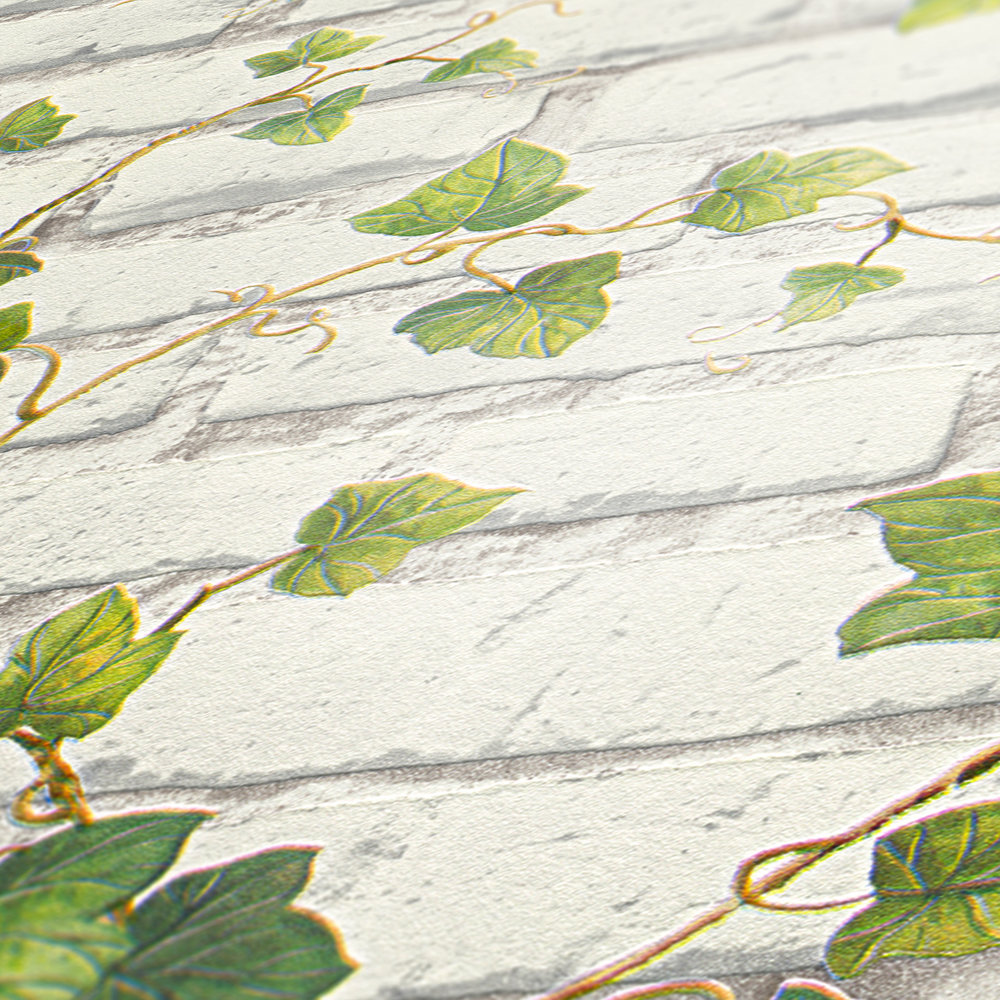             Carta da parati con muro di mattoni bianchi e tralci di edera - verde, bianco, marrone
        