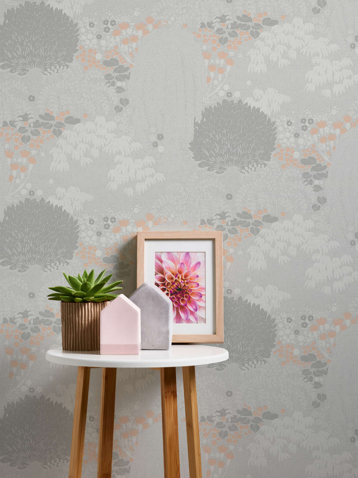             Floral non-woven wallpaper with leaves light textured, matt - light grey, white, pink
        