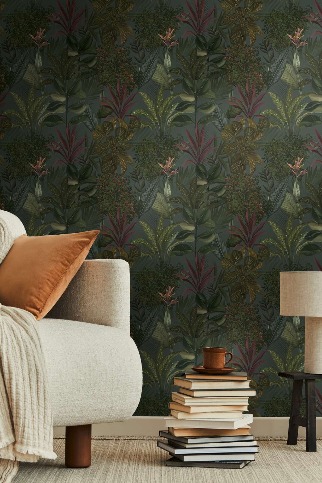             Floral wallpaper modern with leaves & grasses textured matt - dark green, bordeaux
        