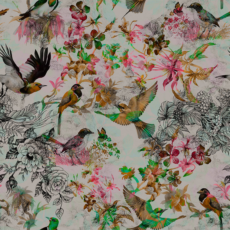         Photo wallpaper birds & flowers collage style - grey, pink
    