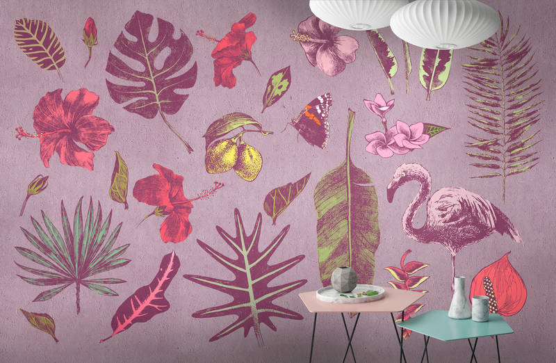            Photo wallpaper sketch flamingo and leaves - pink, green
        