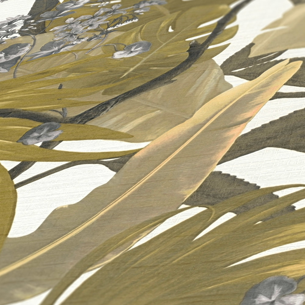             Carta da parati disegno giungla con motivo a foglie - giallo, grigio
        