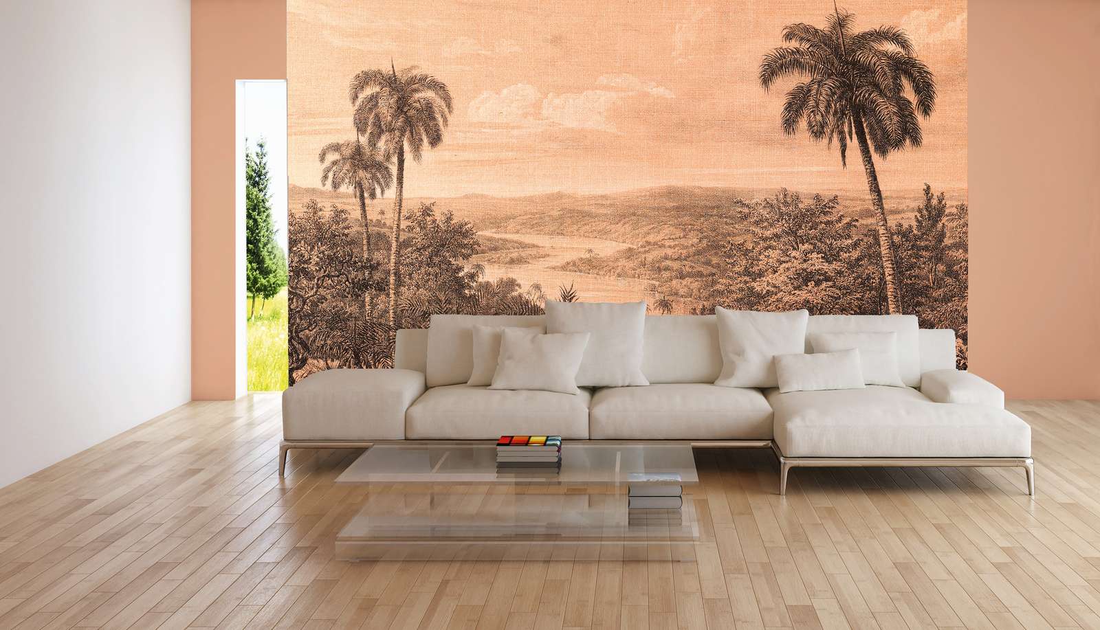             Papier peint panoramique Vue sur la forêt tropicale à l'aspect de la structure du lin - beige, noir
        