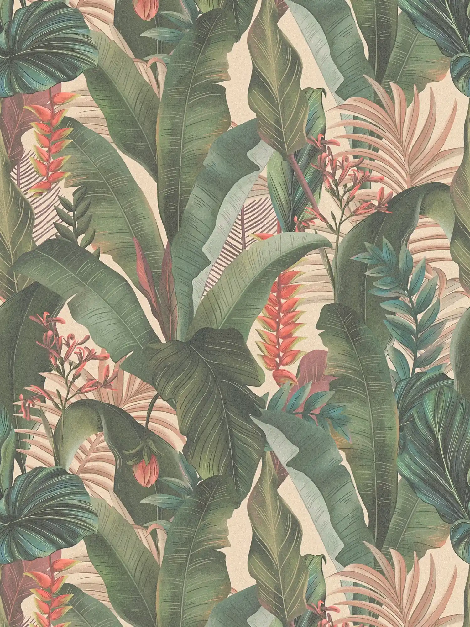         Papel pintado Selva con hojas de palmera y flores en estilo floral texturizado mate - Beige, Verde, Rosa
    