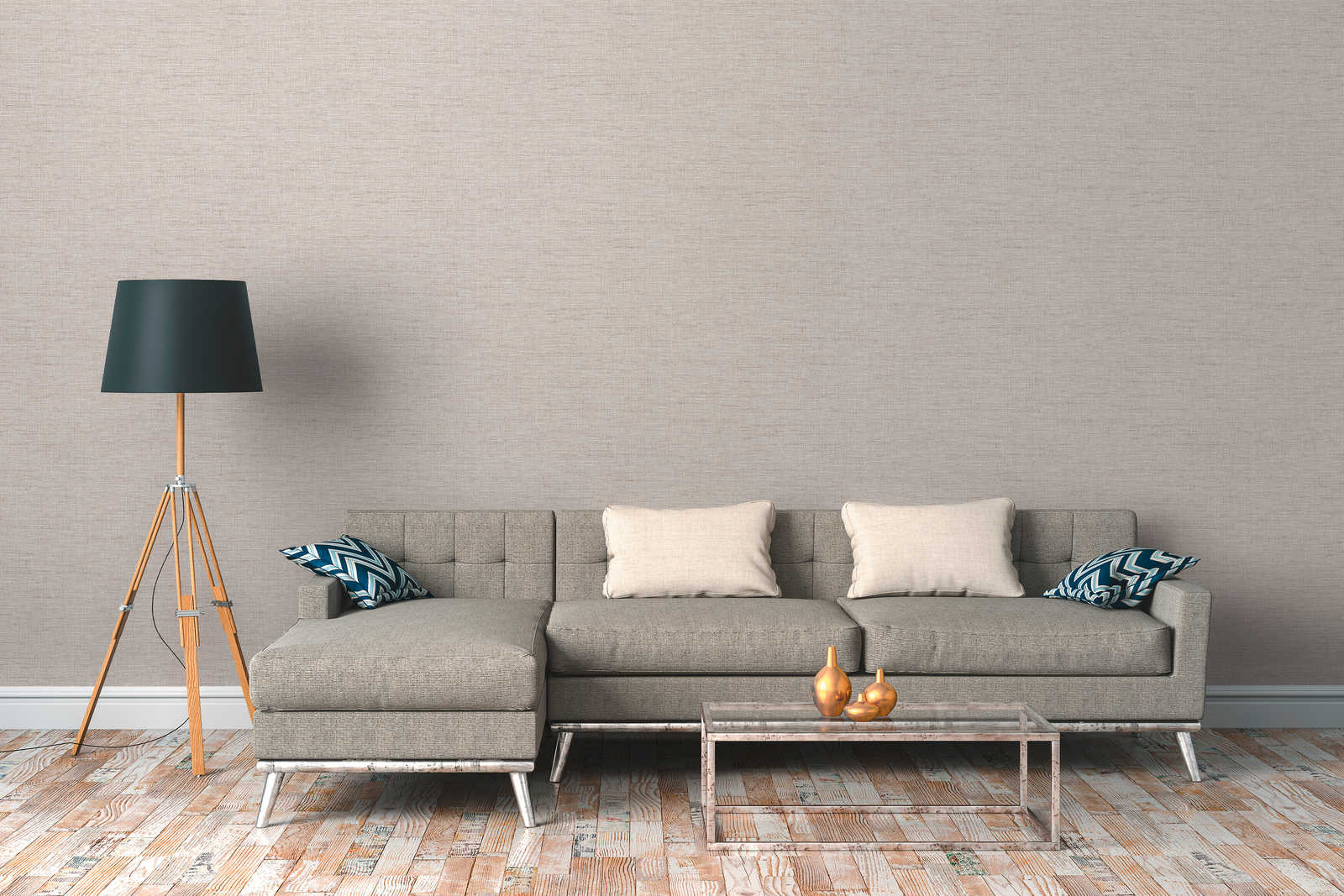             Vliesbehang ethno design grijs met raffia patroon
        
