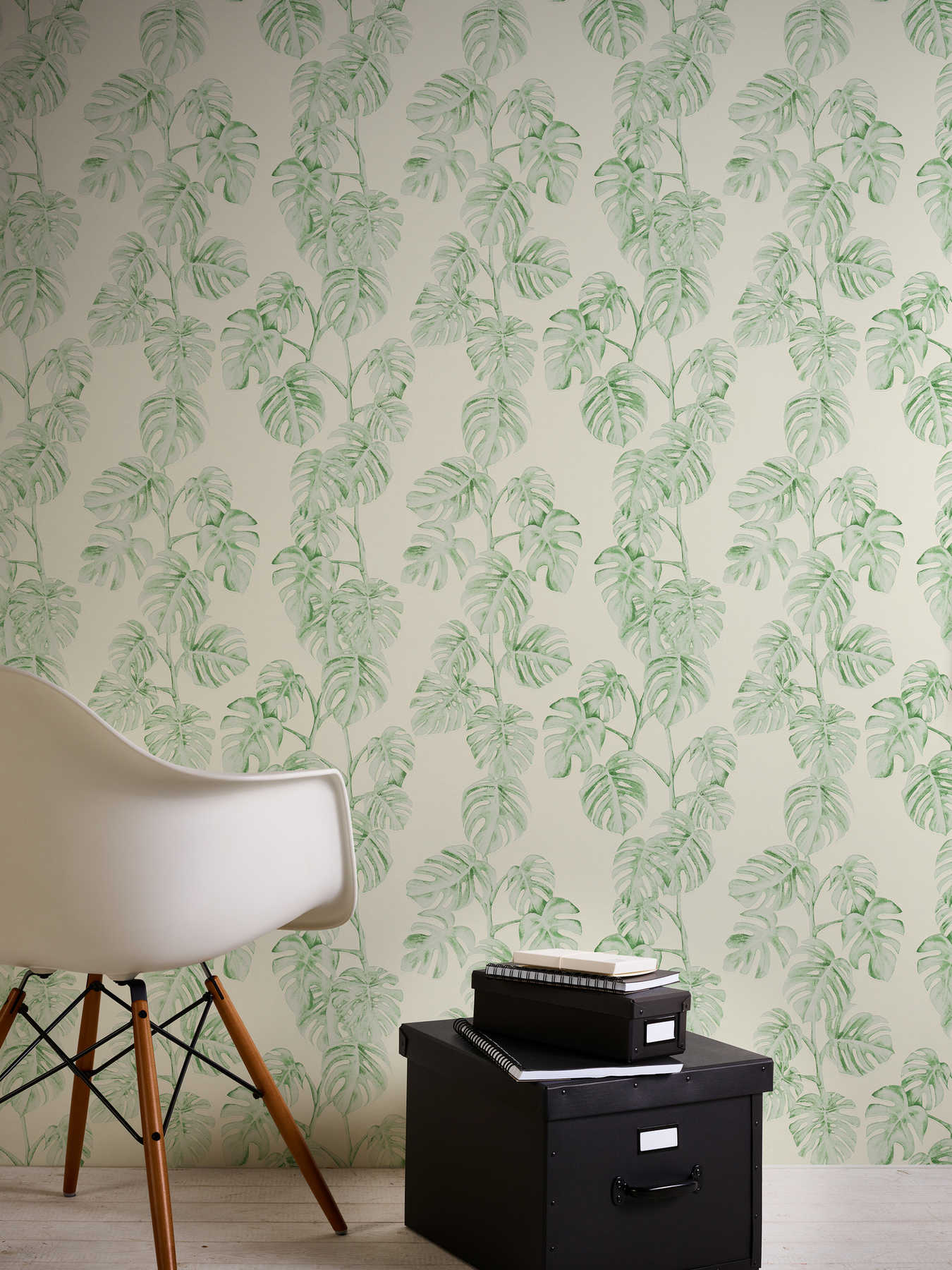             Papier peint intissé vrilles de monstera, motif naturel - vert, blanc
        