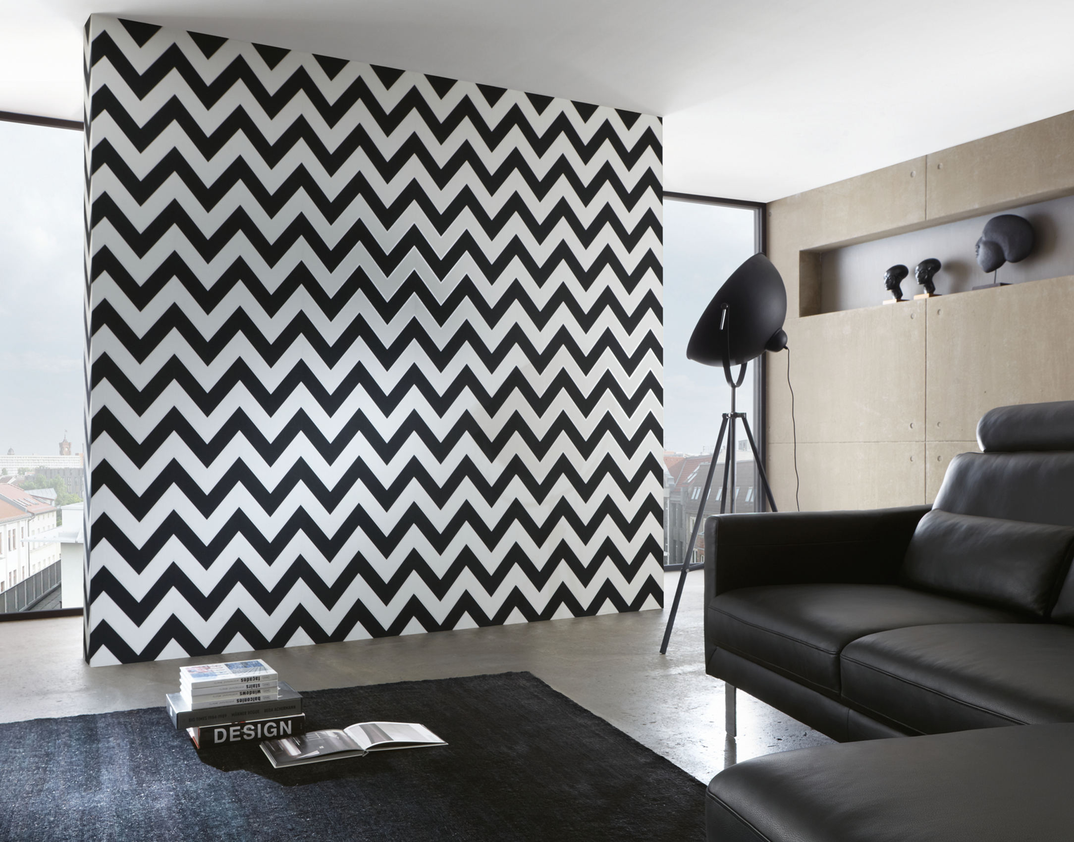 Living room in monochrome style with black and white wallpaper by Michalsky AS939431