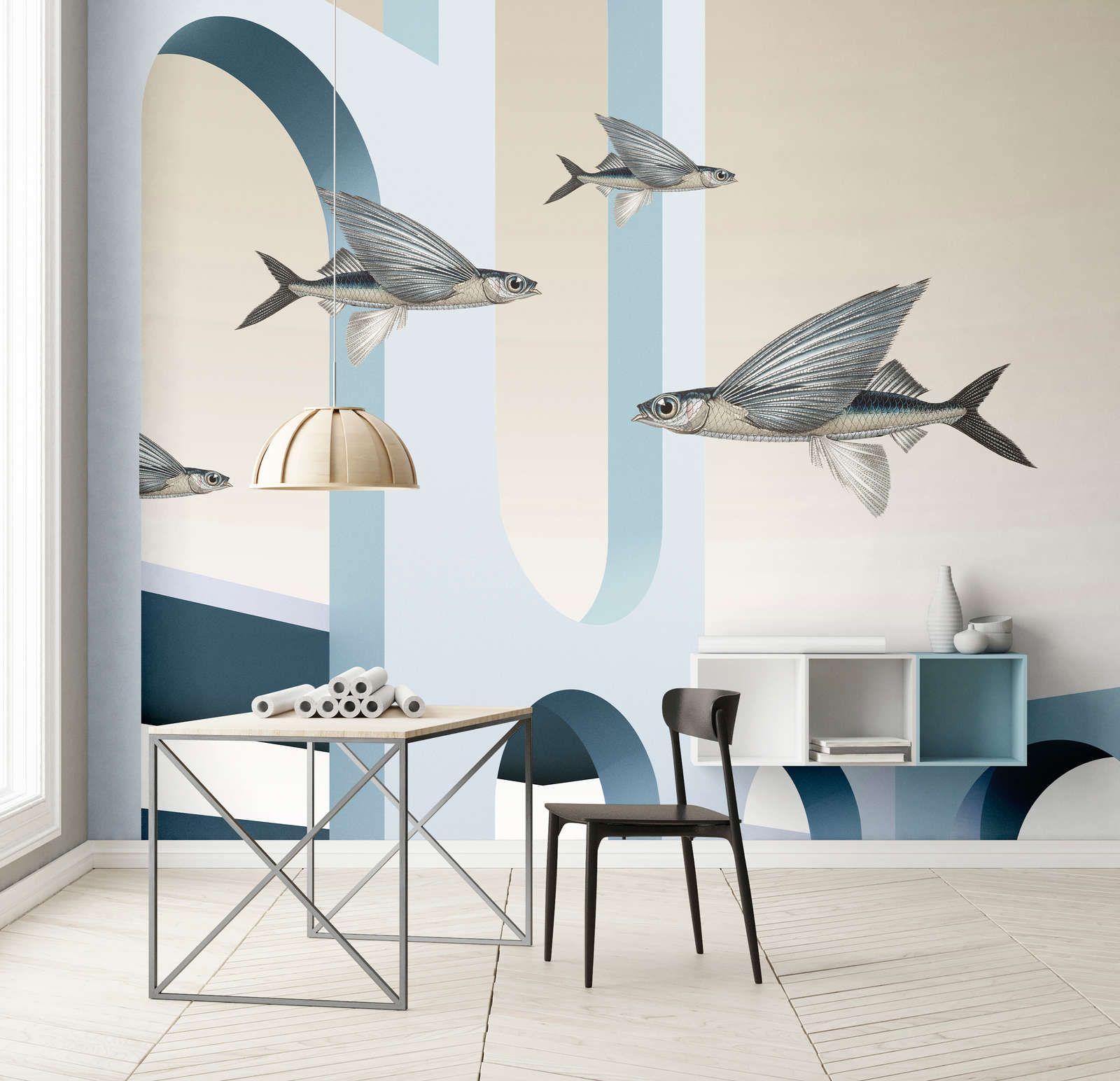            styx - Photo wallpaper with abstract 3D architecture and flying fish - matt, smooth non-woven fabric
        