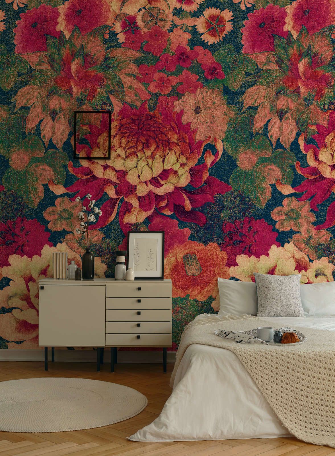             Floral wallpaper with various flowers vintage style - red, green
        