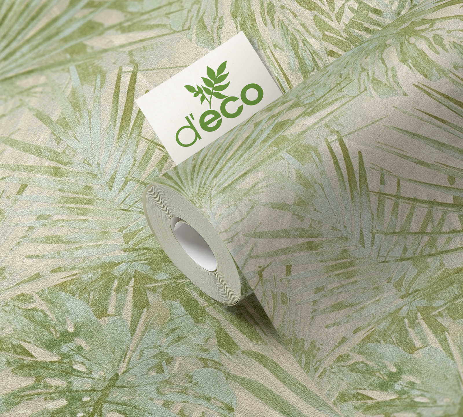             Papel pintado no tejido con hojas de jungla sin PVC - verde, beige
        