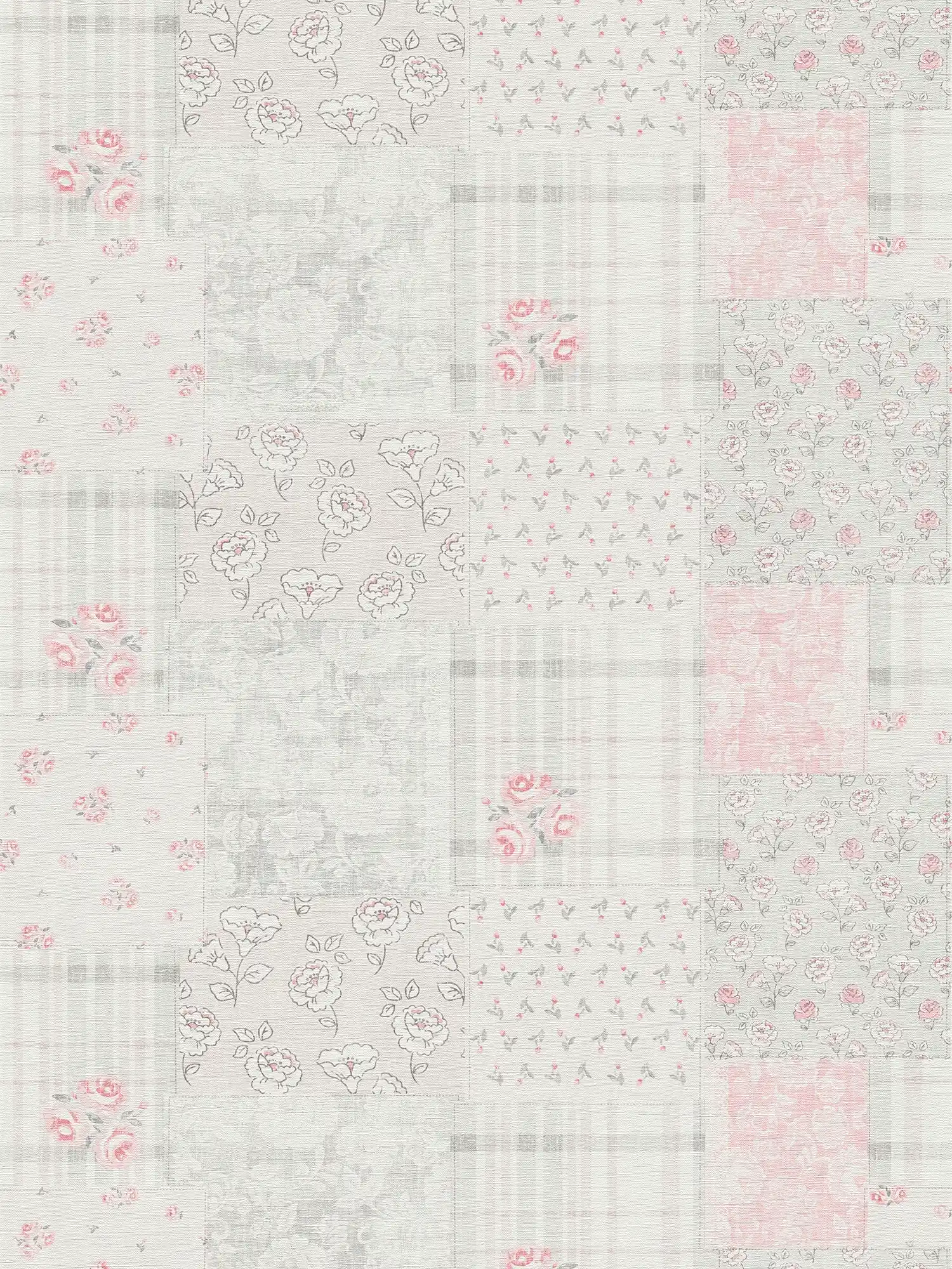 Wallpaper country house floral and chequered pattern - grey, red, white

